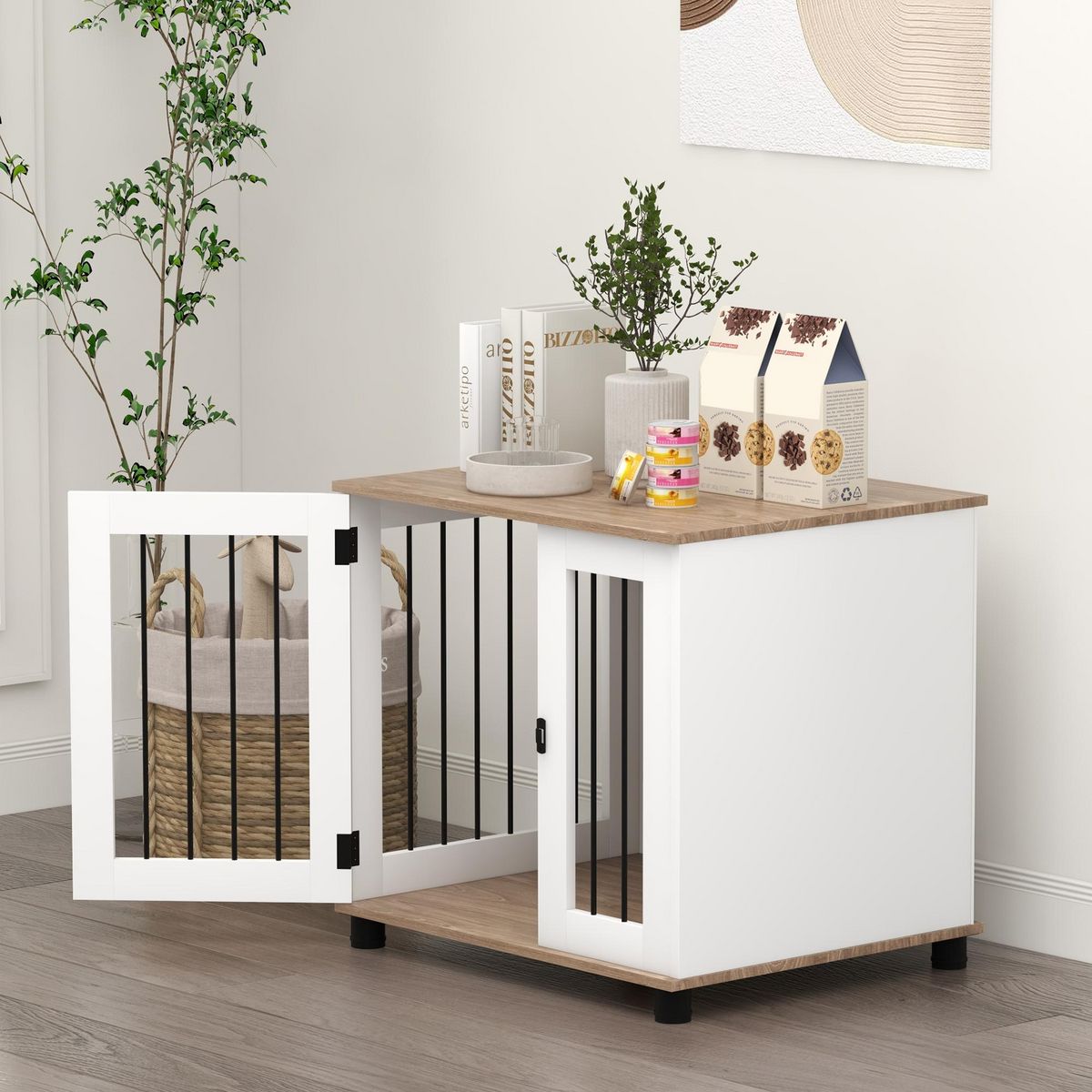 PAWHUT Cage pour chien animaux sur pied - porte verrouillable - acier noir panneaux blanc chêne clair