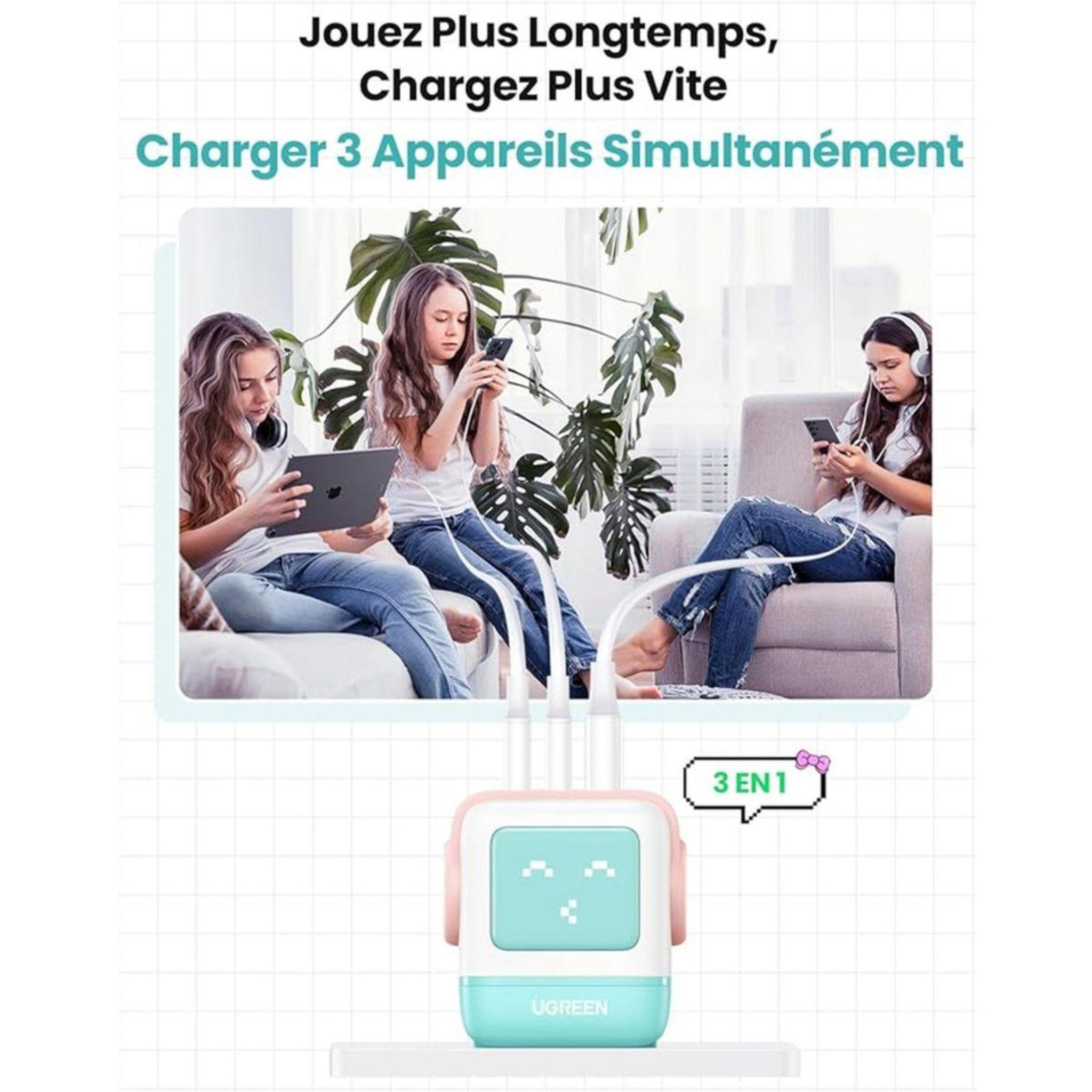 Voir la diapositive 5 : UGREEN Chargeur Robot 3ports USBC/USBA 65W Turquoise