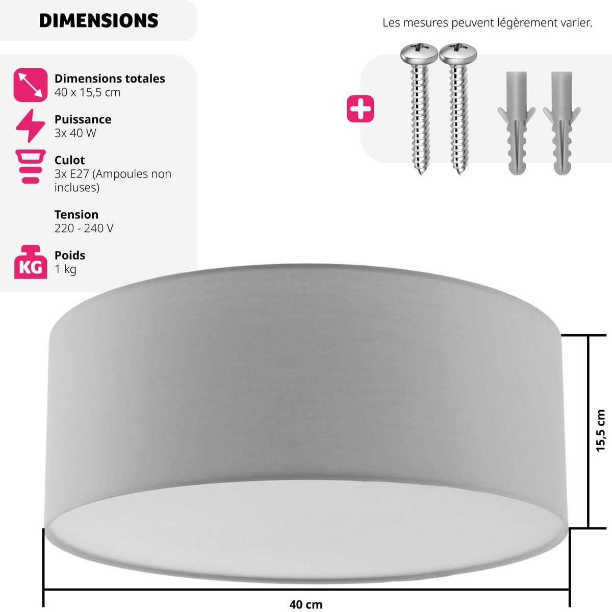 tectake Plafonnier structure en acier gris