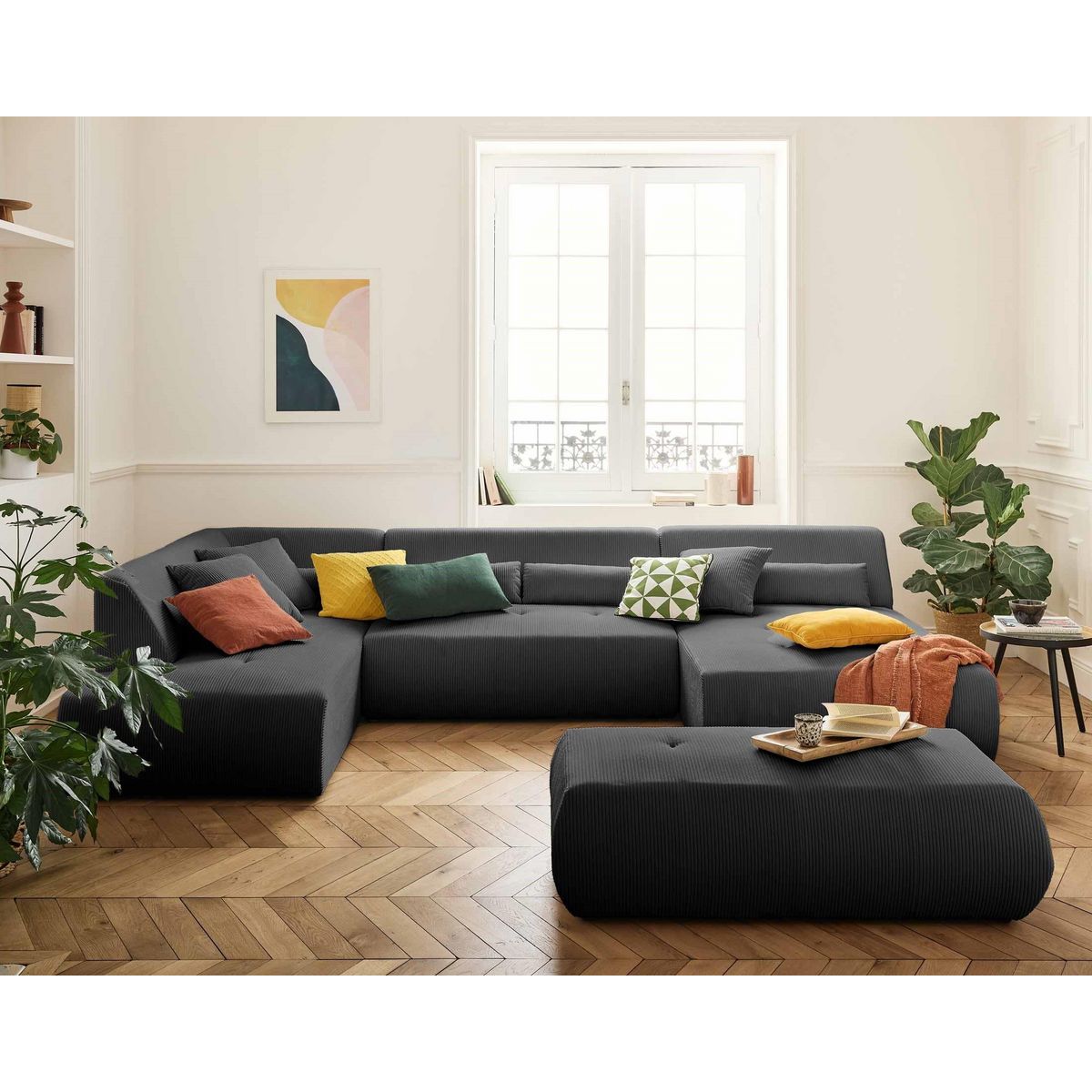 LISA DESIGN Onyx - canapé panoramique d'angle gauche 7 places - en velours côtelé