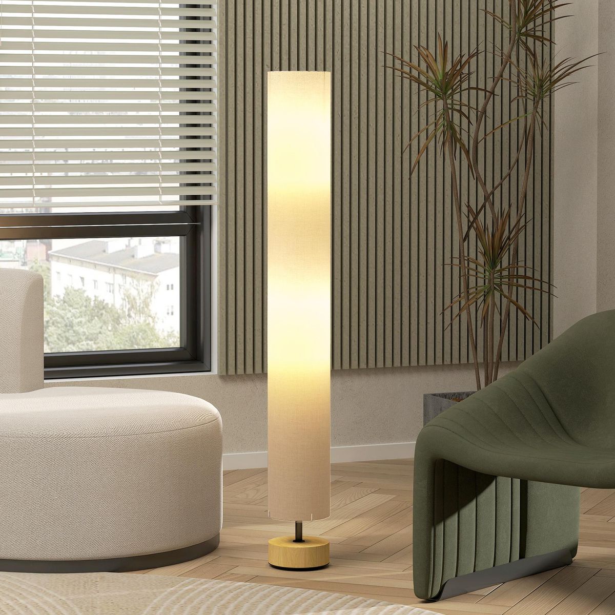 HOMCOM Lampadaire colonne sur pied bois contemporain H.120 cm abat-jour lin beige