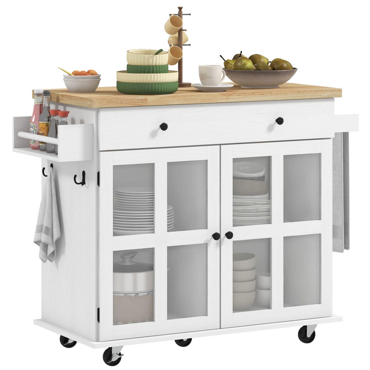 HOMCOM Desserte de cuisine multi-rangement - 2 portes, 2 étagères, tiroir, porte-épices, porte-torchon - blanc bois hévéa