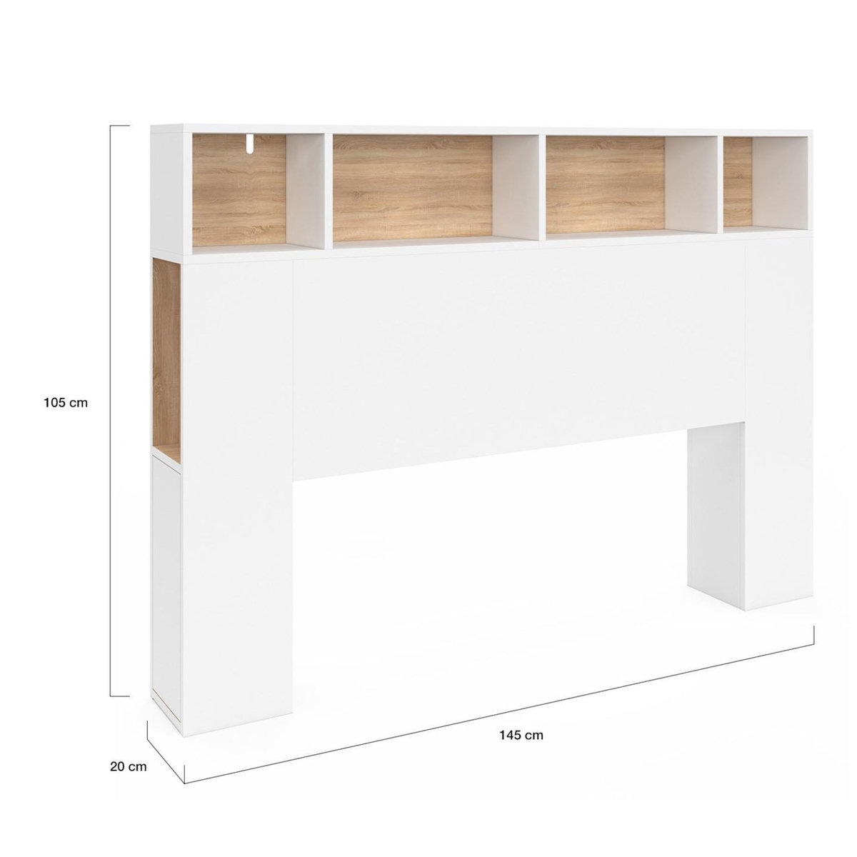 ID MARKET Tête de lit sur pied CLEO 145 cm avec rangements fermés et niches blanc et façon hêtre