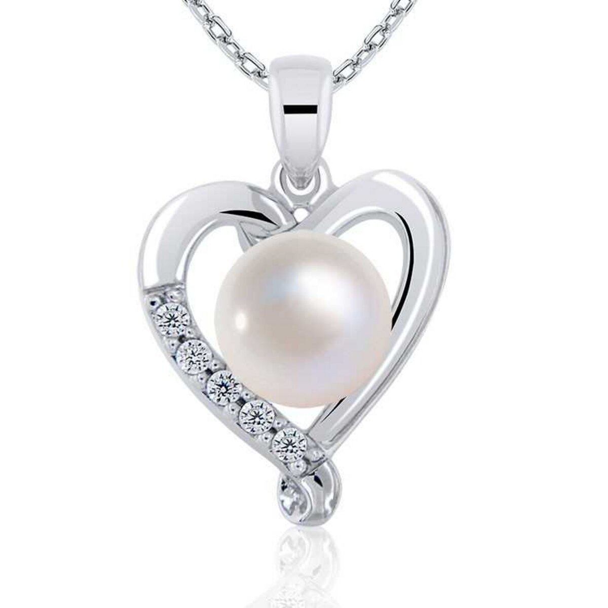 PLANETYS Collier Perle de Culture Argent 925 Rhodié Femme en forme de Coeur serti Oxydes de Zirconium blancs