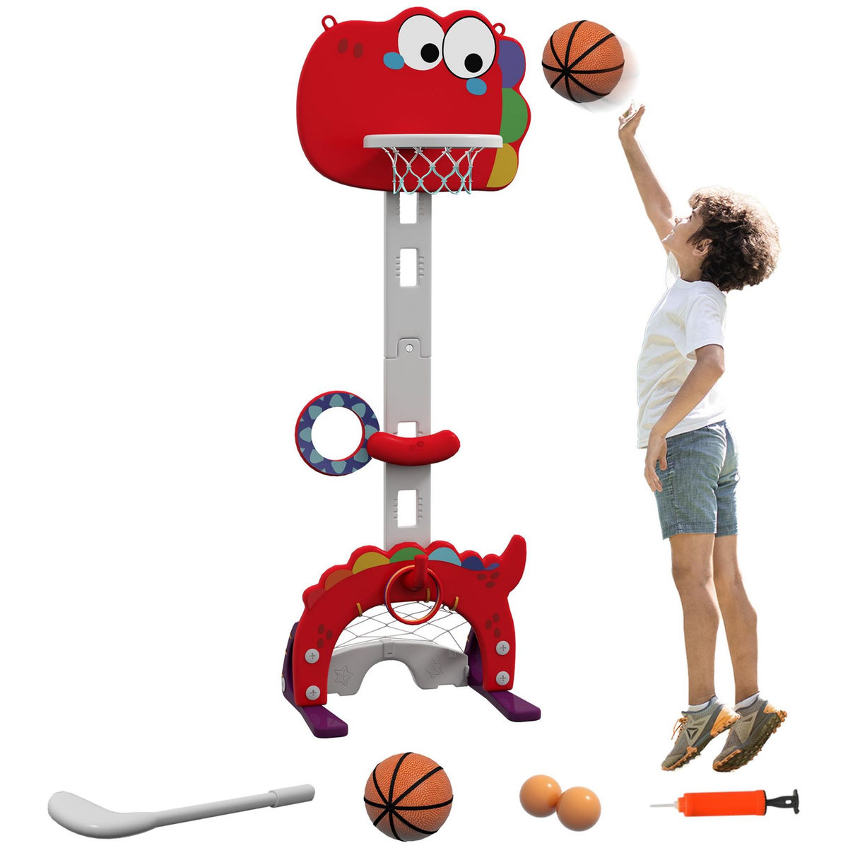 HOMCOM Panier de basket enfant multifonction design dino 3-6 ans - but, golf, 2 jeux de lancer - hauteur réglable - HDPE gris rouge