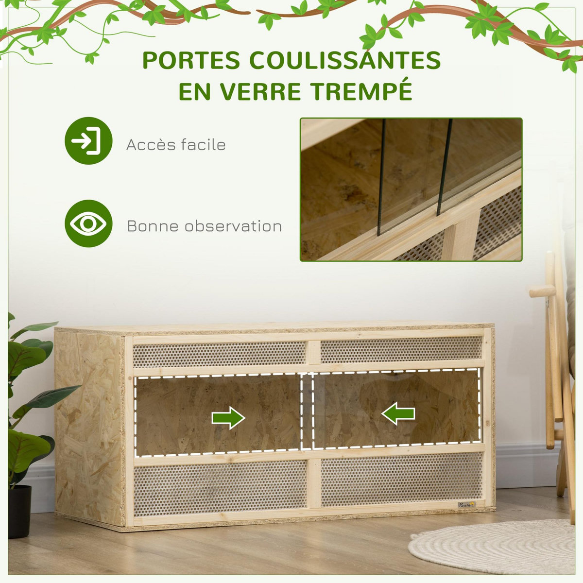 PAWHUT Terrarium - vivarium reptiles - 2 portes coulissantes verre trempé - parois frontales maillées - métal OSB