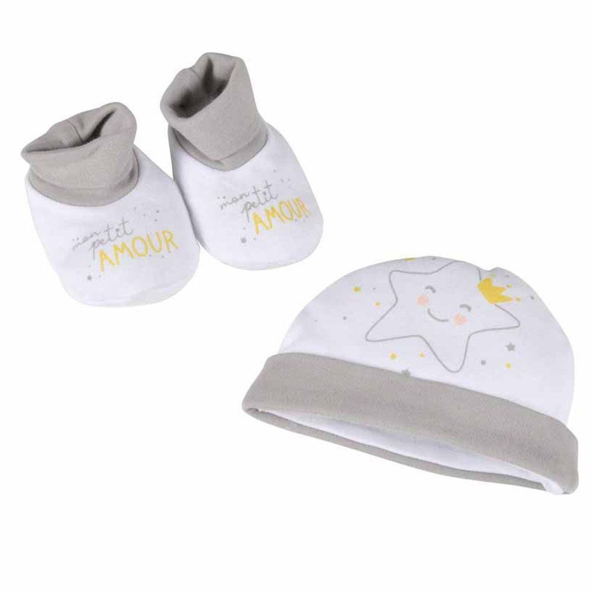 Voir la diapositive 1 : HOMEA Lot bonnet & chaussons  étoile  0 à 1 mois gris