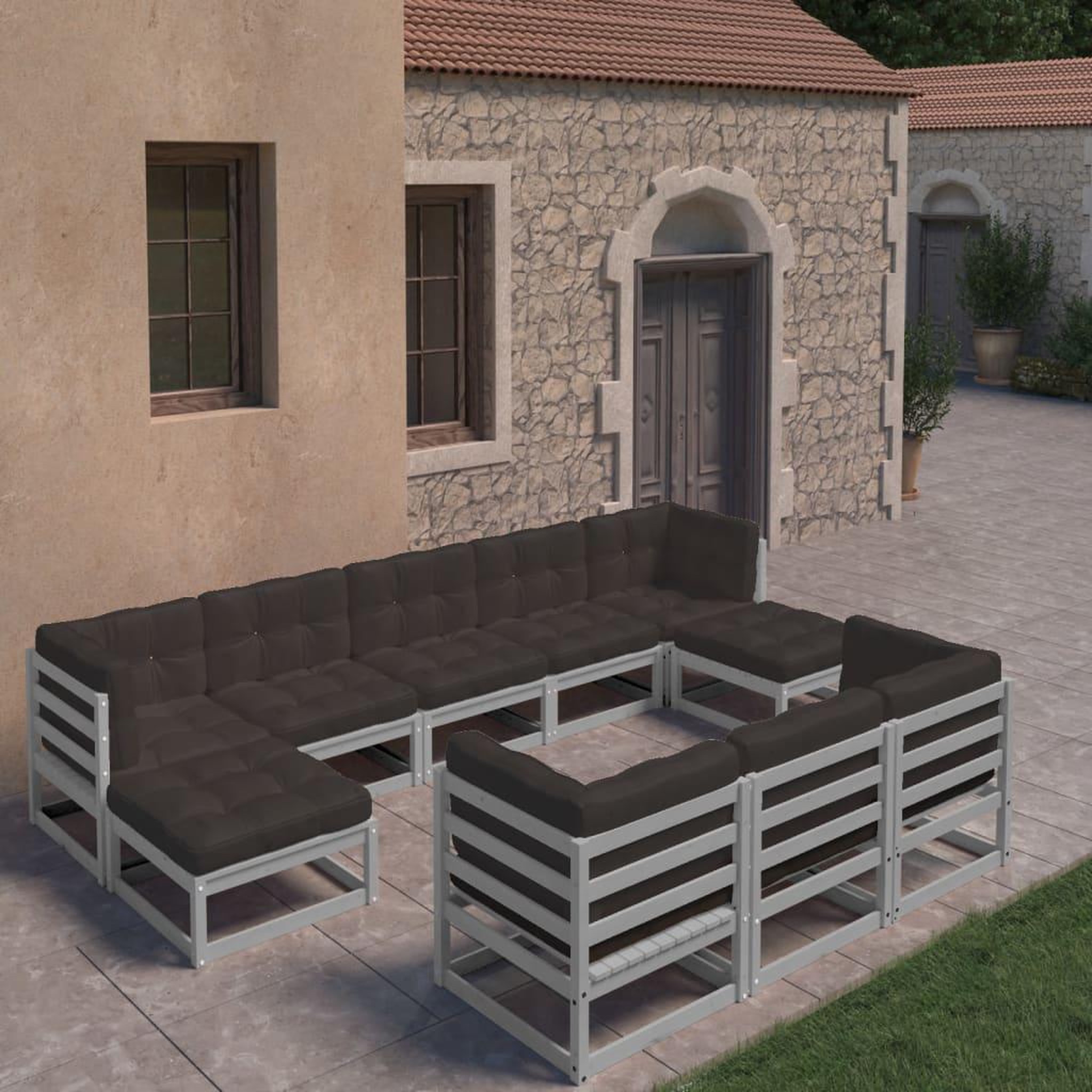 Voir la diapositive 1 : VIDAXL Salon de jardin 10 pcs avec coussins Gris Bois de pin massif