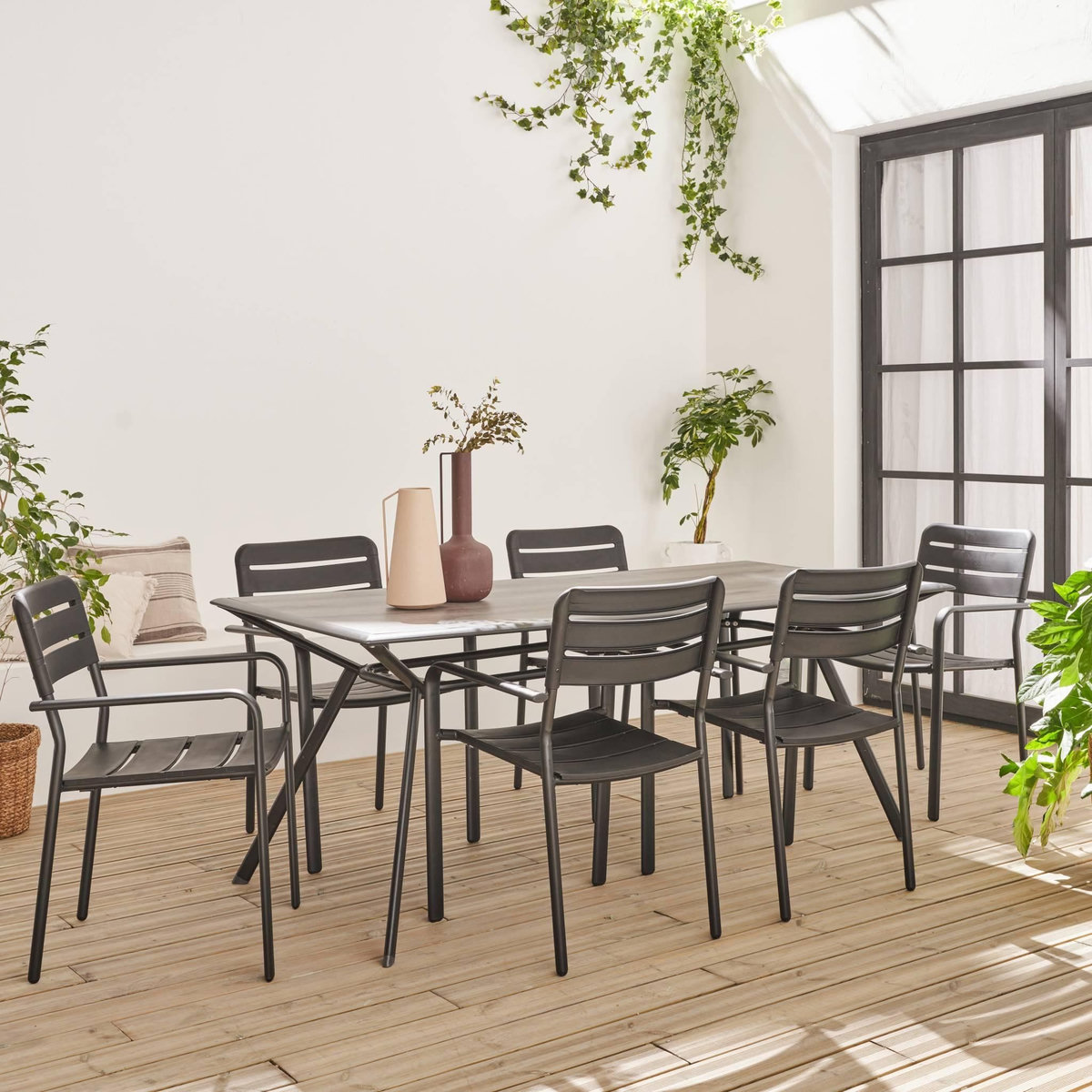 SWEEEK Table de jardin plateau effet bois structure acier 180 cm avec 6 fauteuils en acier incluses