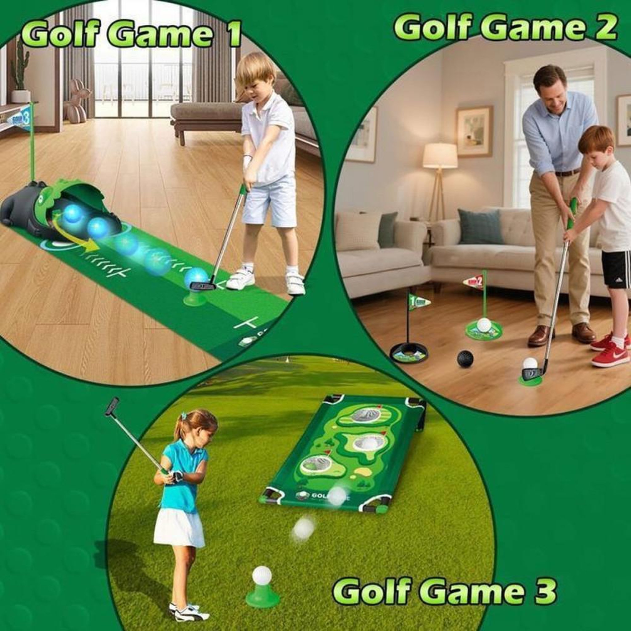 Voir la diapositive 4 : Set mini-golf d'intérieur 3-en-1 LED enfant avec retour automatique dinosaure et plateau Cornhole, tapis de putting, 2 à 7 ans