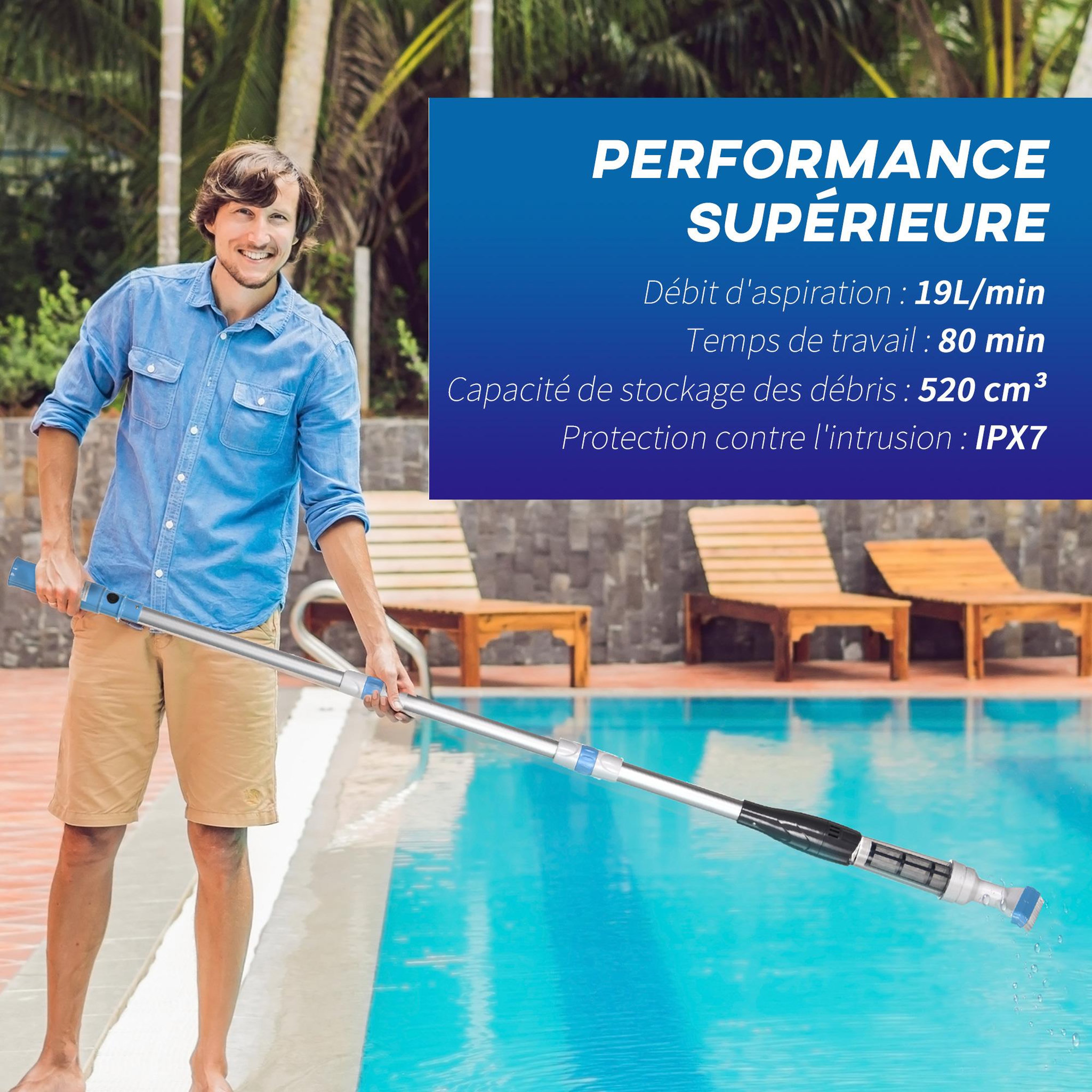 Voir la diapositive 6 : OUTSUNNY Aspirateur balai électrique sans fil piscine spa - manche télescopique 106-162 cm - brosse, sac filtrant - ABS alu. - blanc bleu