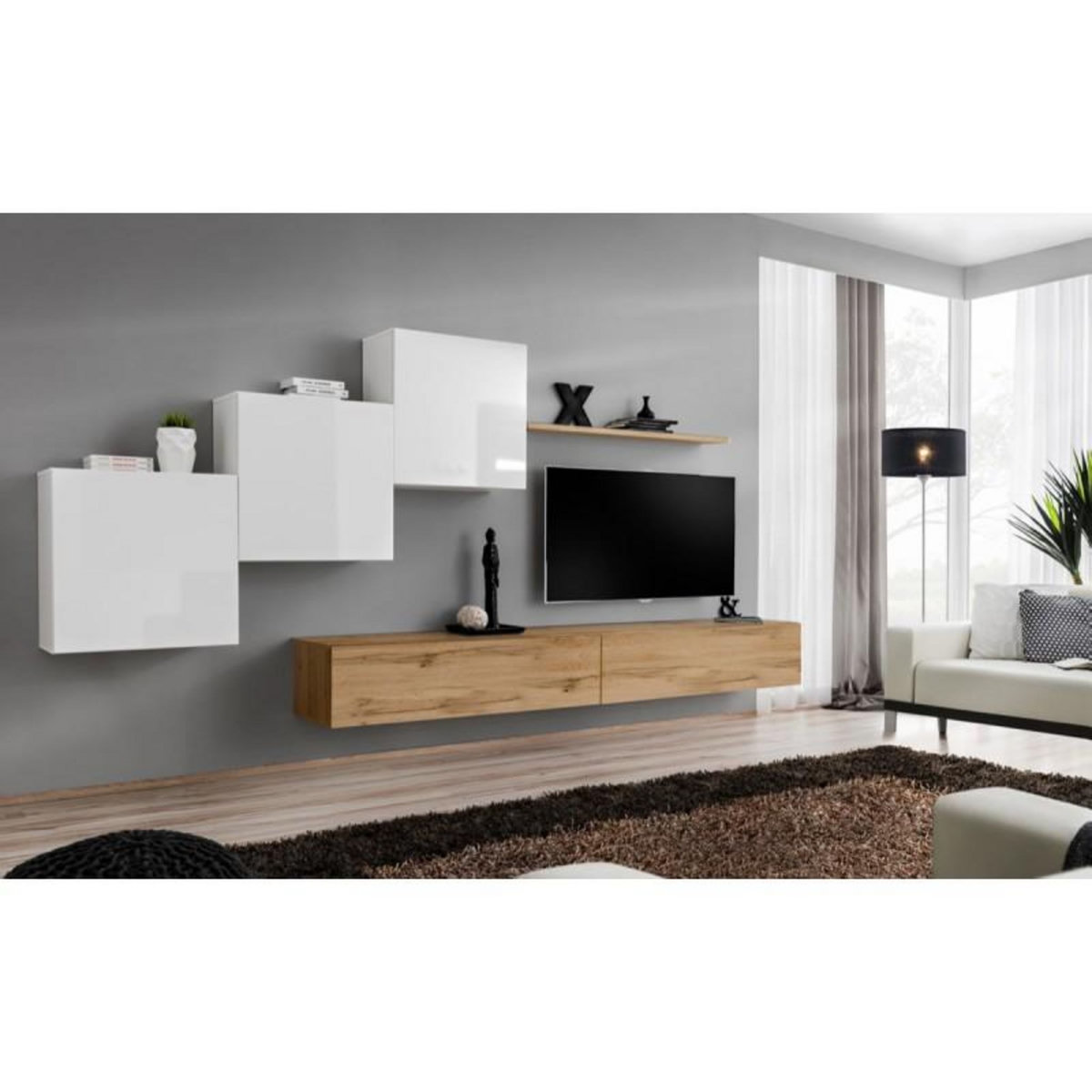 Paris Prix Meuble TV Mural Design  Switch X  330cm Blanc & Naturel