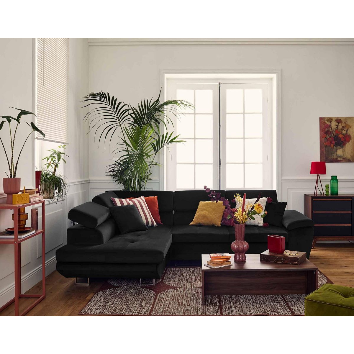 BEST MOBILIER Dimas - canapé d'angle gauche 5 places - convertible avec coffre et têtières réglables - en velours