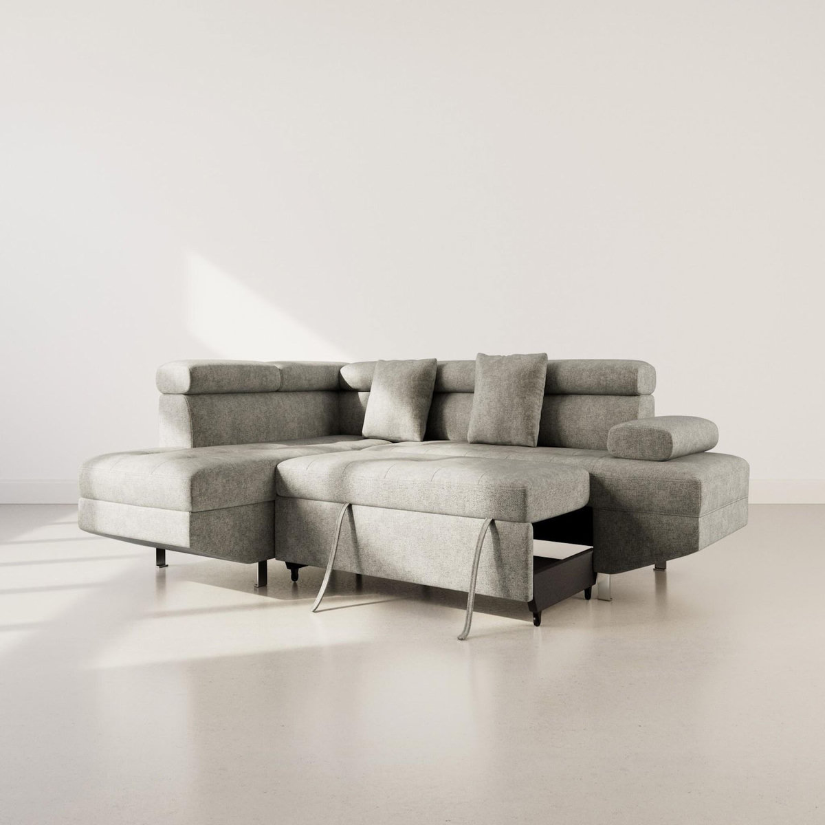 BEST MOBILIER Margaux - canapé d'angle gauche 5 places convertible avec coffre et têtières réglables en velours texturé