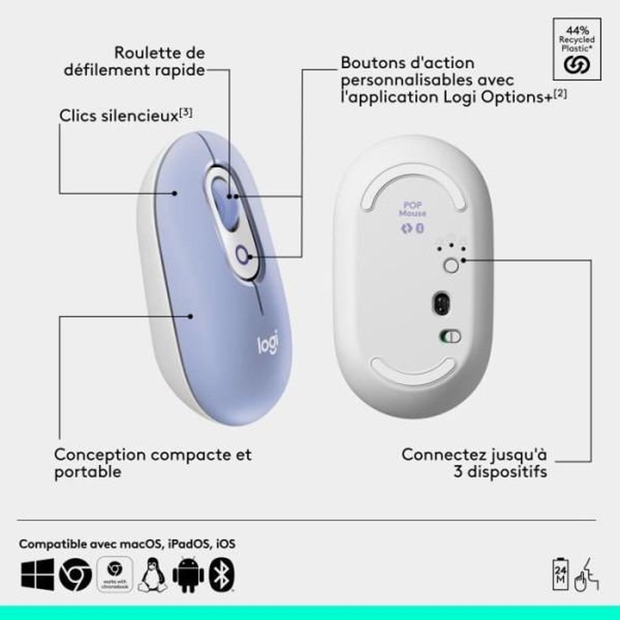 Voir la diapositive 6 : Logitech Souris sans fil POP Mouse Lila
