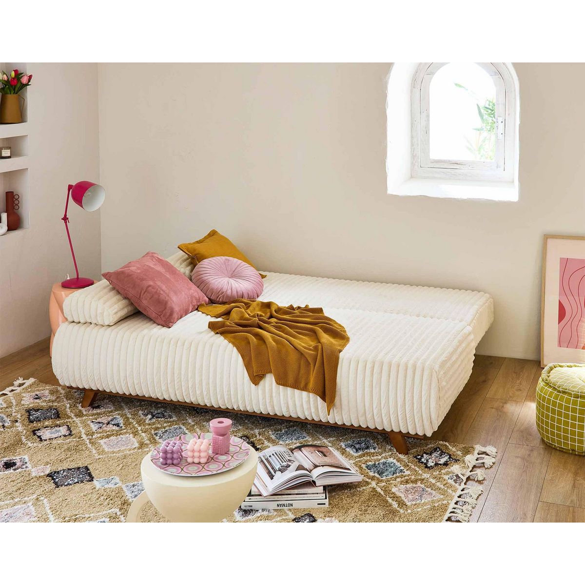 BEST MOBILIER Cristal - canapé 3 places - convertible avec coffre et grand pouf - en fausse fourrure côtelée