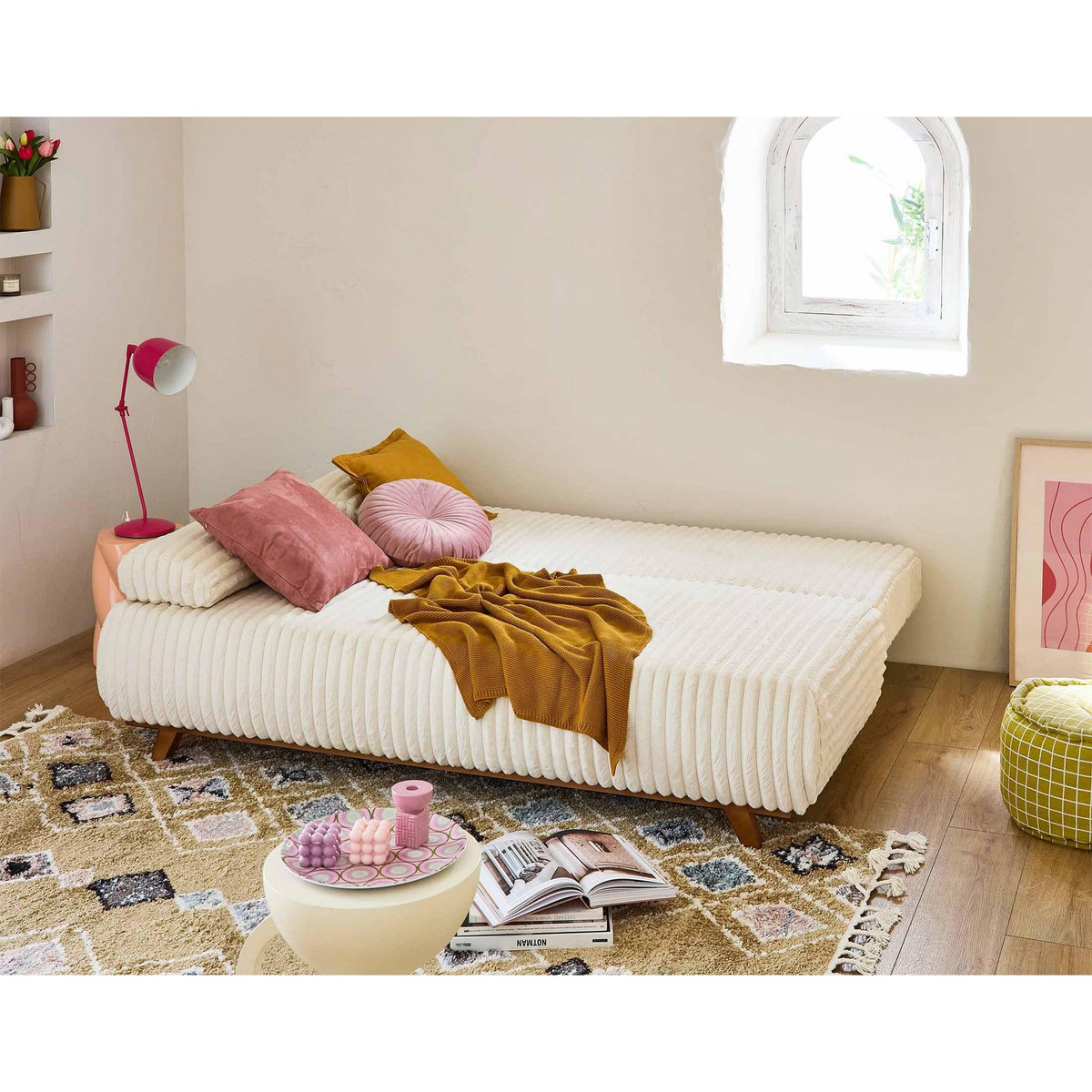 BEST MOBILIER Cristal - canapé 3 places - convertible avec coffre et grand pouf - en fausse fourrure côtelée