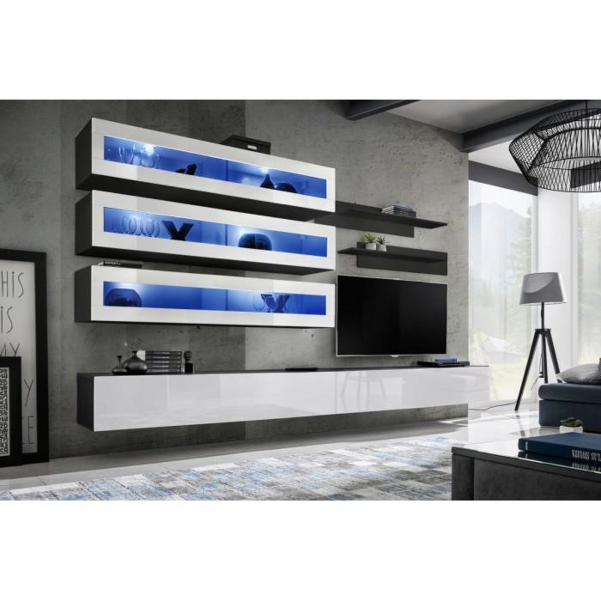 Paris Prix Meuble TV Mural Design  Fly X  320cm Blanc & Noir