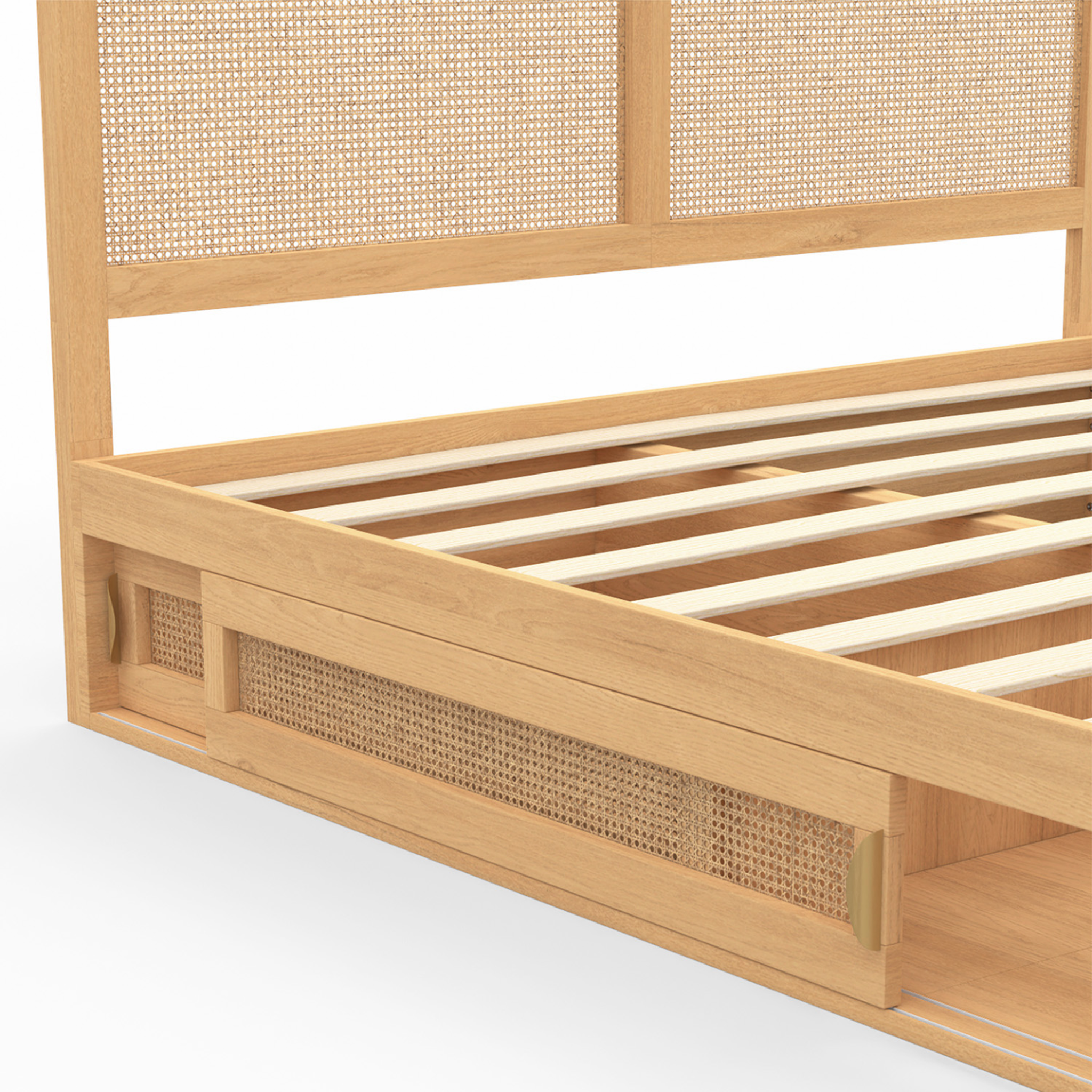 Voir la diapositive 5 : ID MARKET Lit double edhen avec rangements + tête de lit effet cannage naturel et sommier 140 x 190 cm coloris bois
