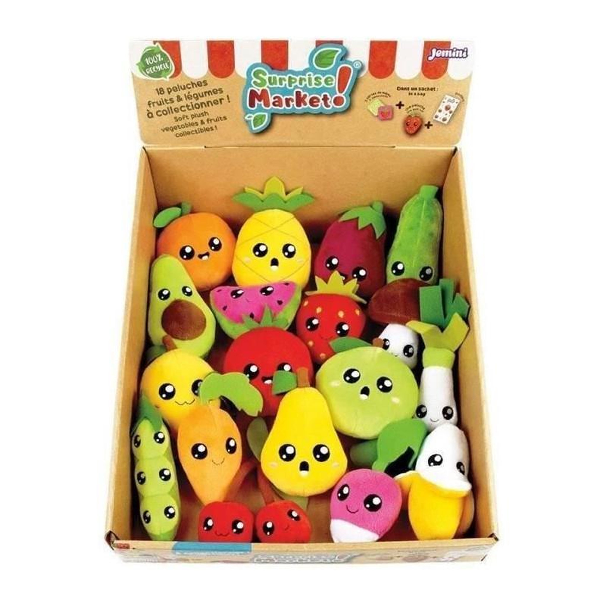 JEMINI Lot de 18 pochettes surprises - JEMINI - Surprise Market - Peluche fruits ou légumes +/- 10 cm, stickers et cartes mémo