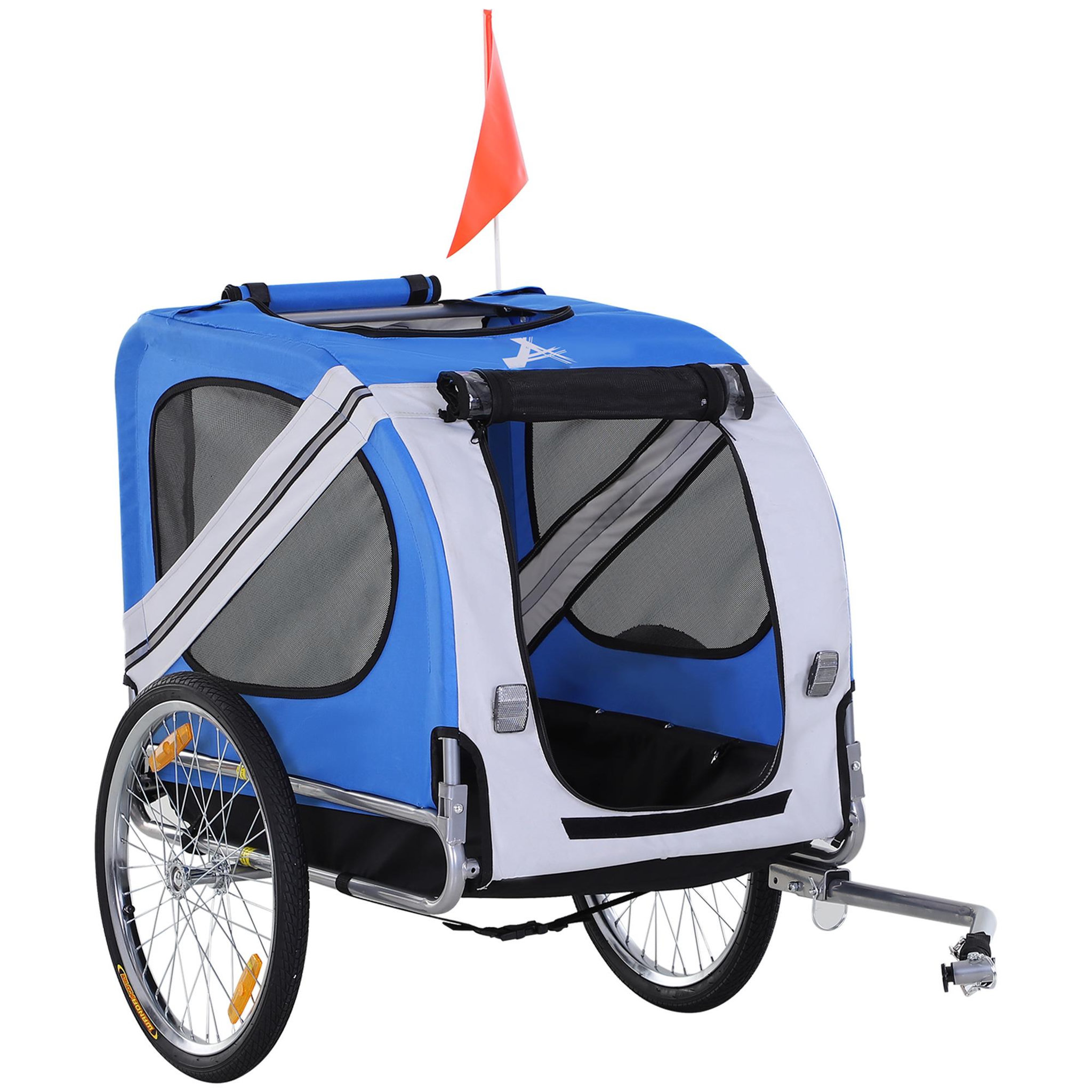 PAWHUT Remorque vélo pour chien animaux pliable 8 réflecteurs drapeau barre attelage inclus acier polyester imperméable max. 30 kg 130l x 73l x 90h cm bleu blanc