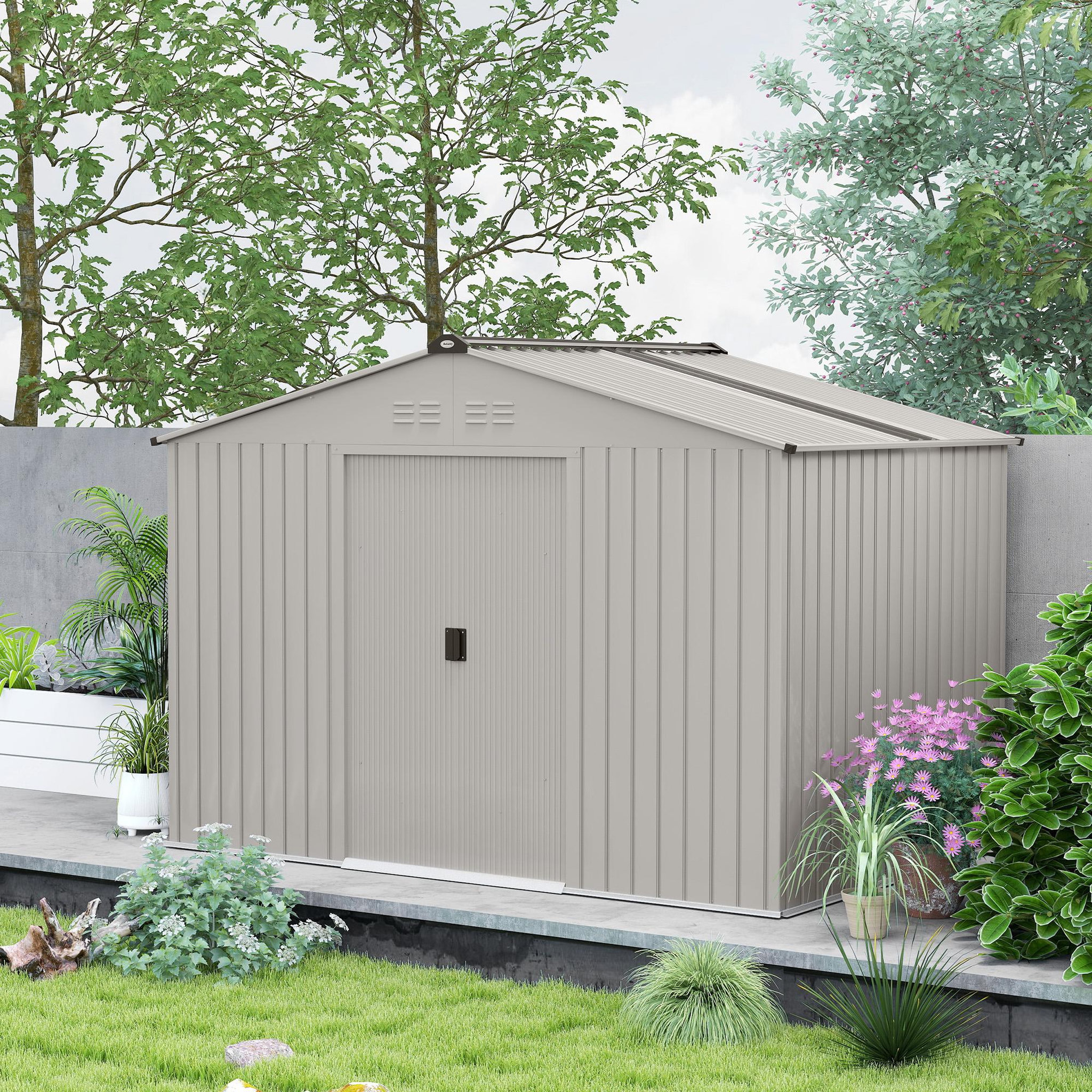 Voir la diapositive 2 : OUTSUNNY Abri de jardin 5,4 m² - cabanon double porte coulissante - fondation incluse - 277 x 195 x 192 cm - tôle d'acier ondulée gris