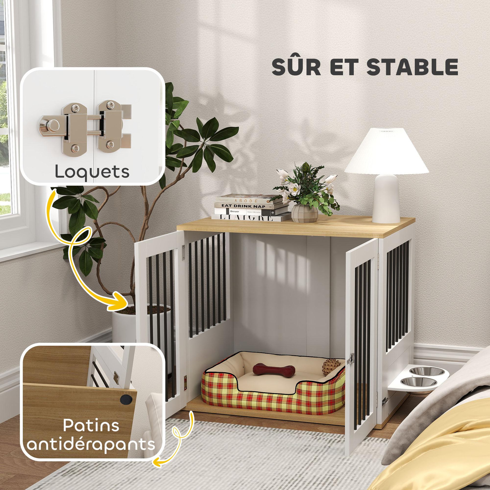 Voir la diapositive 6 : PAWHUT Cage pour chien en bois - 2 portes verrouillables, 2 gamelles rotatives  - 80 x 55 x 71 cm - blanc effet bois clair