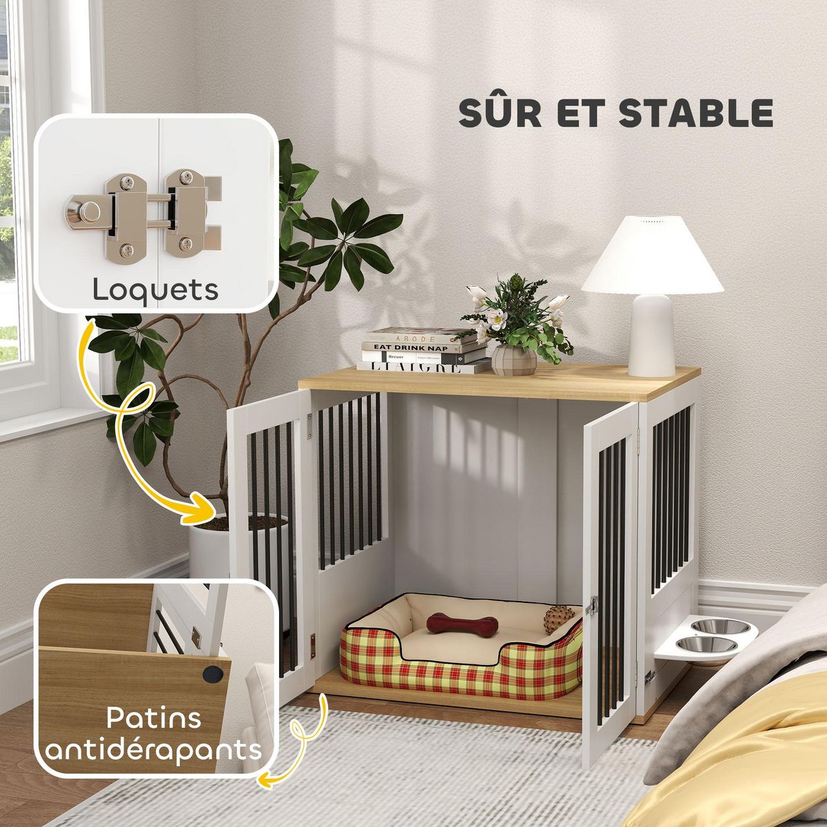 PAWHUT Cage pour chien en bois - 2 portes verrouillables, 2 gamelles rotatives  - 80 x 55 x 71 cm - blanc effet bois clair