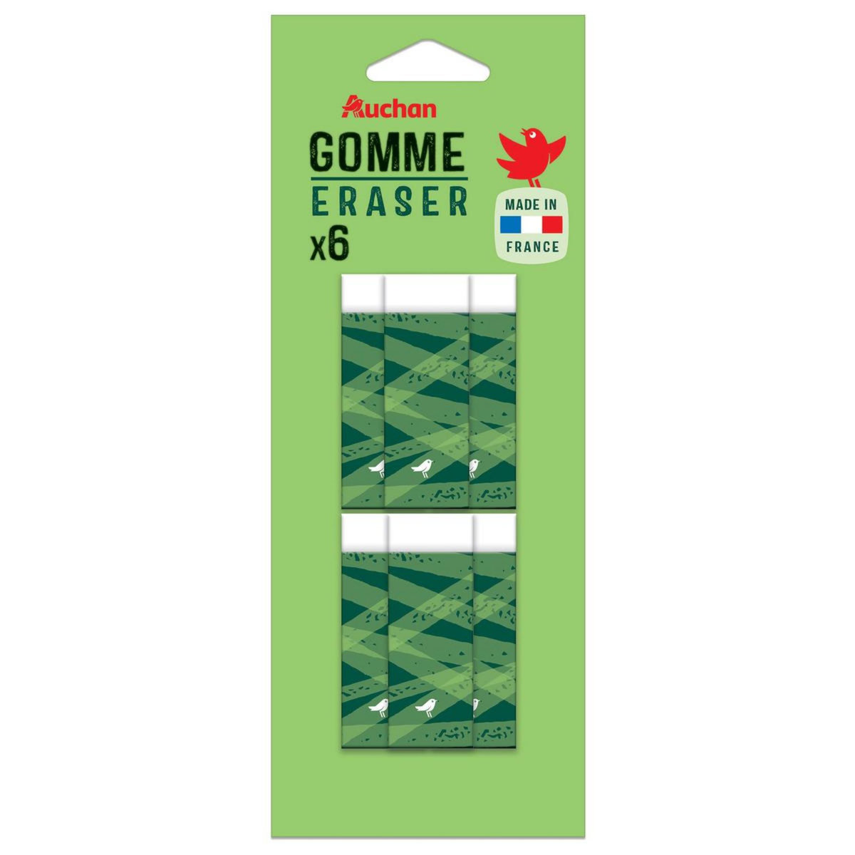 AUCHAN Lot de 6 gommes blanches rectangulaires