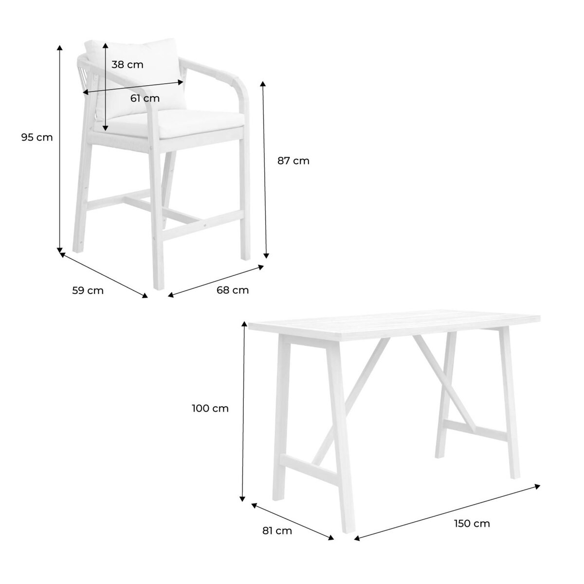 SWEEEK Table haute de jardin bois d'acacia + 4 assises Paloma et Zahara naturel 150 x 81 x 100 cm