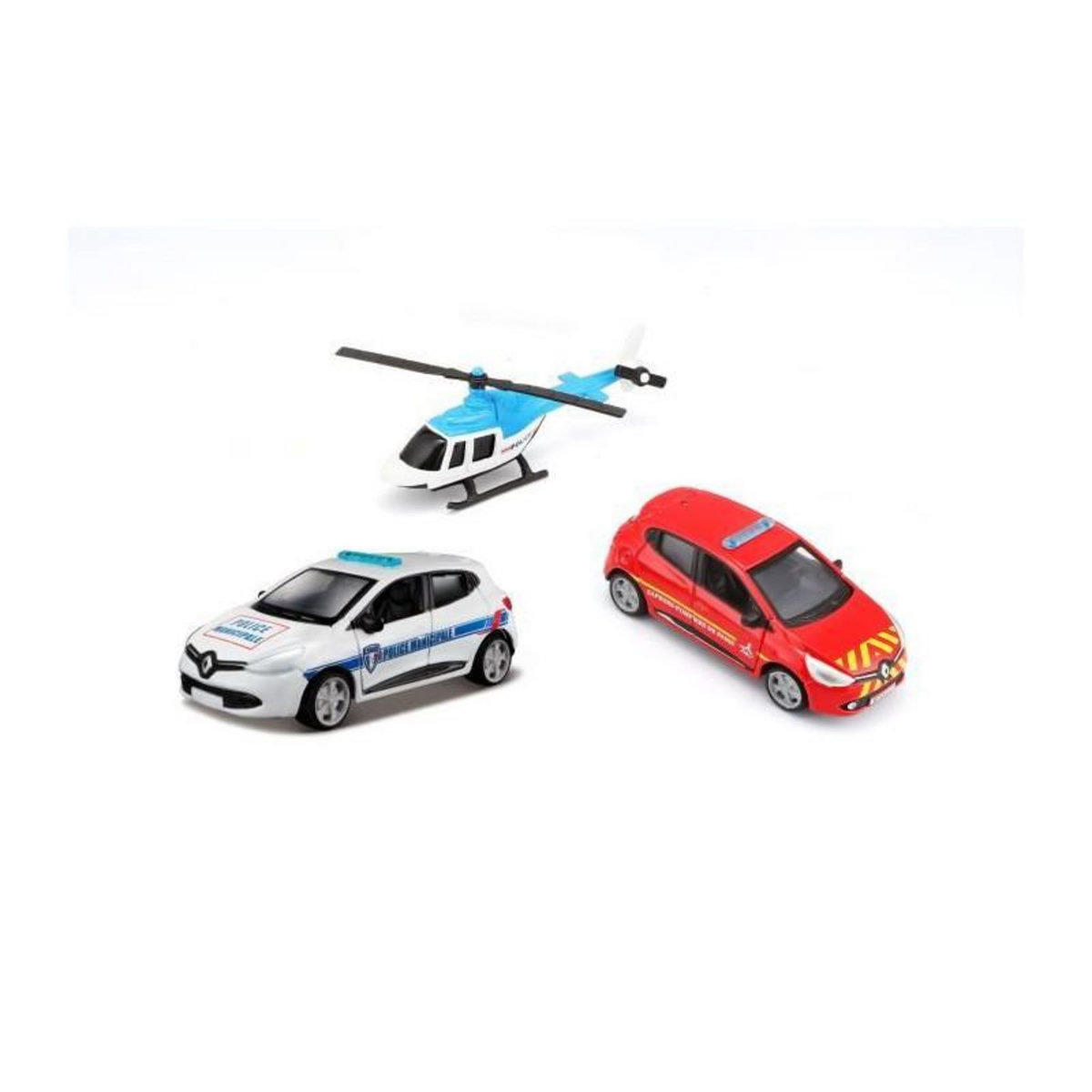 BBurago 1/64 BBURAGO - Pack de 3 vehicules -  Helicoptere + Voiture Pompier + Voiture Police
