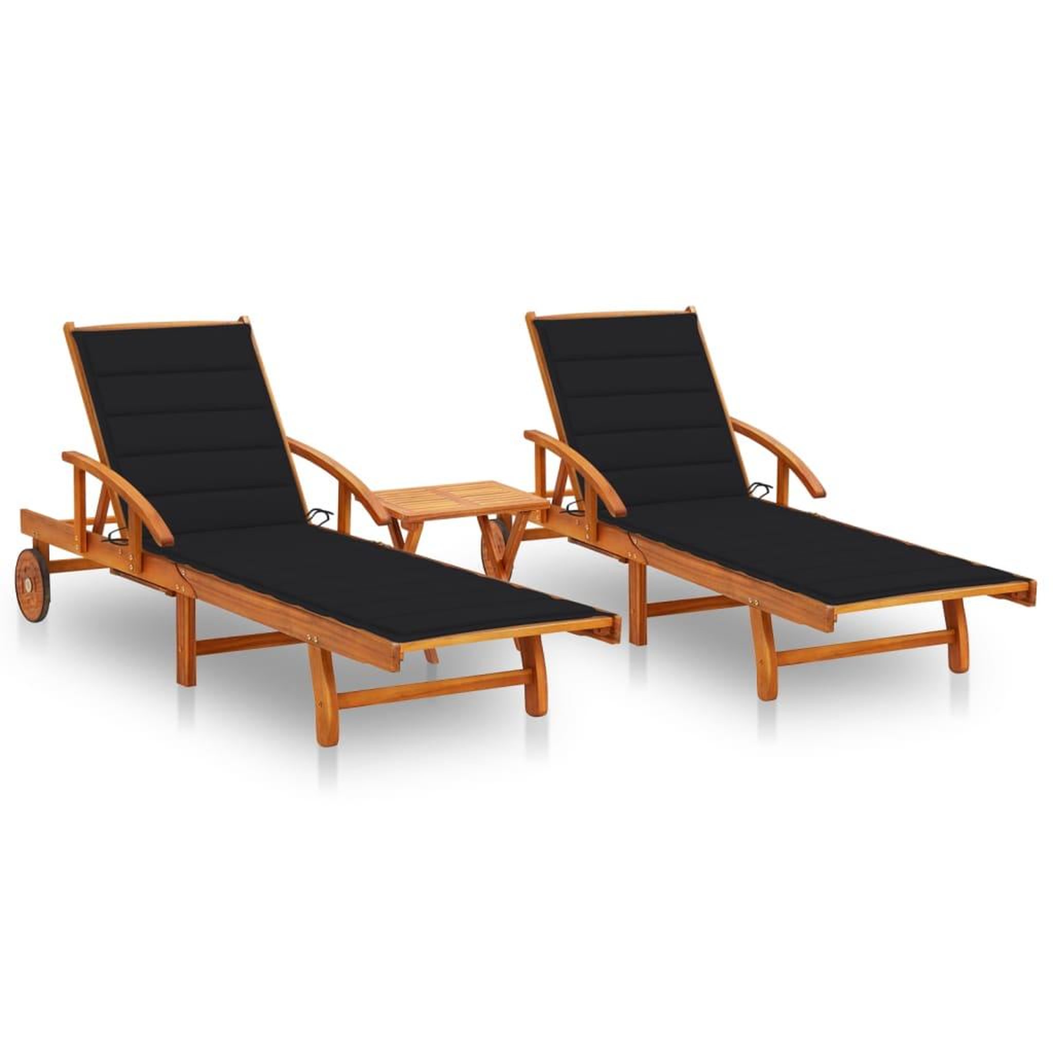 VIDAXL Chaises longues lot de 2 avec table et coussins Acacia solide