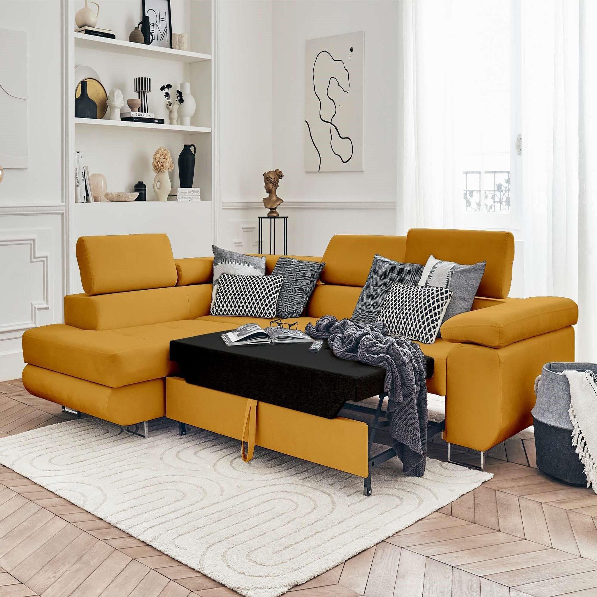 Voir la diapositive 2 : BEST MOBILIER Pablo - canapé d'angle gauche - 5 places - convertible avec coffre et têtières réglables - en velours