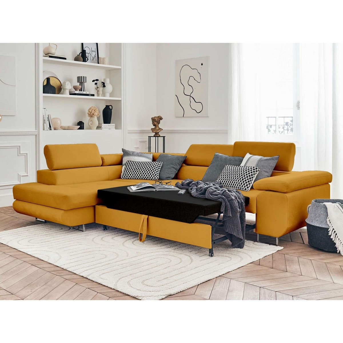 BEST MOBILIER Pablo - canapé d'angle gauche - 5 places - convertible avec coffre et têtières réglables - en velours