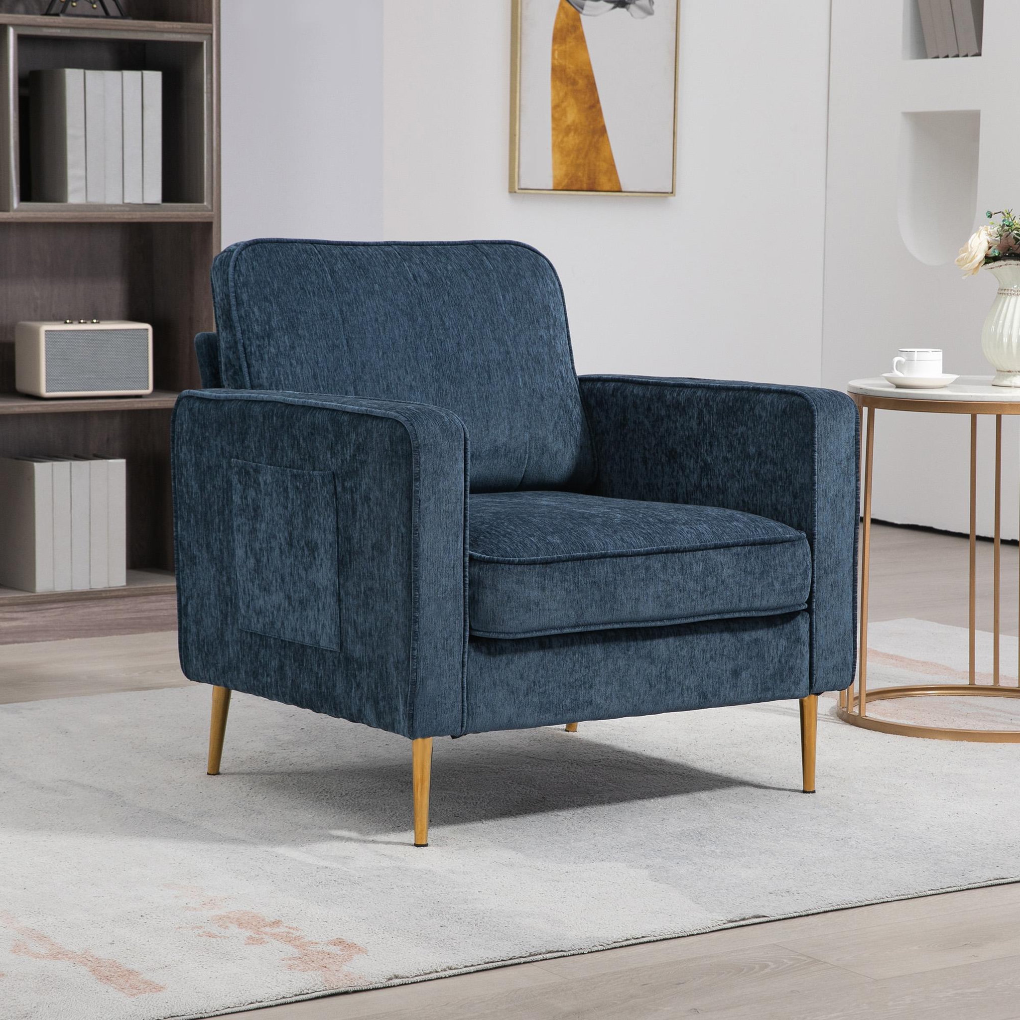 Voir la diapositive 2 : HOMCOM Fauteuil style art déco piètement métal doré tissu bleu