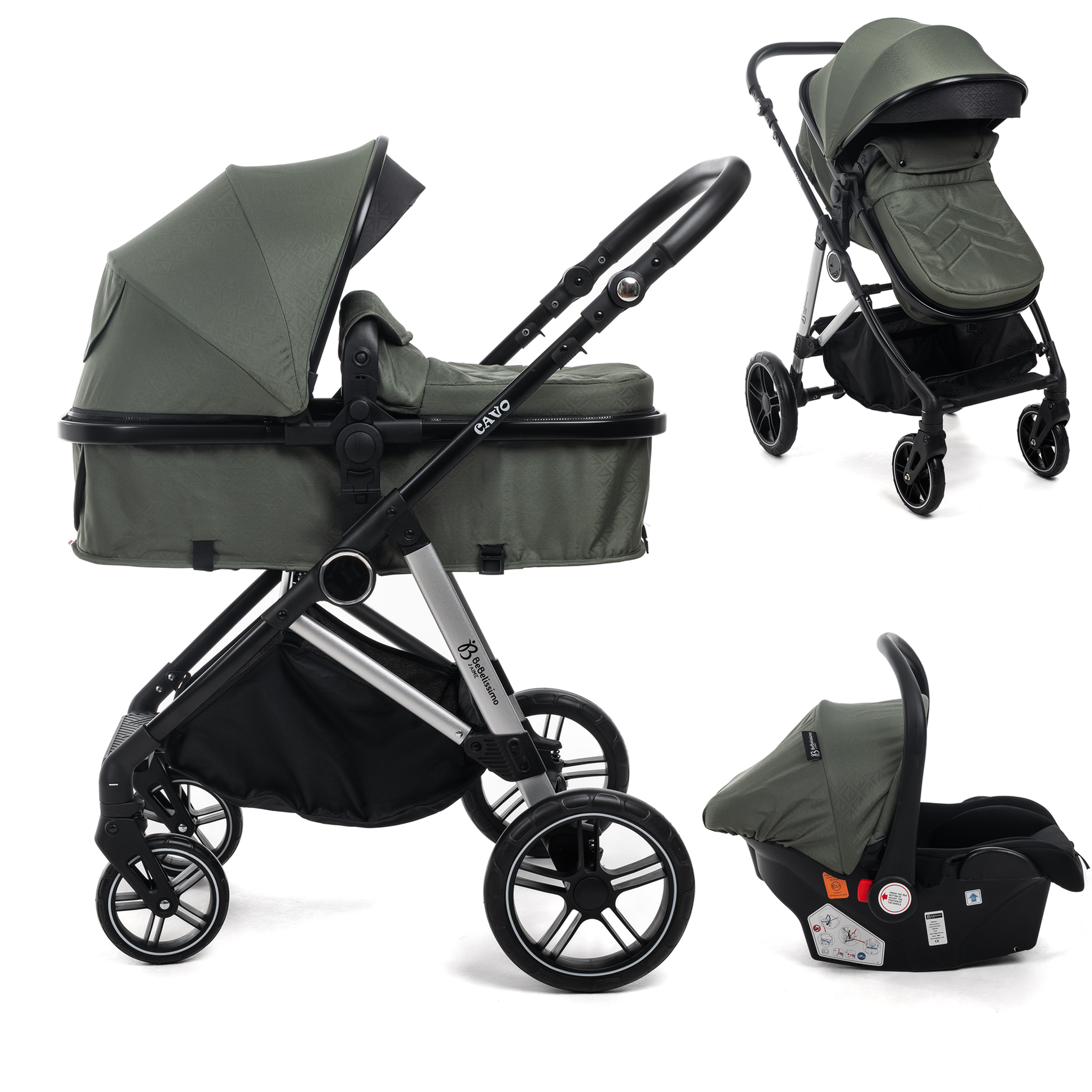 BEBELISSIMO Poussette combinée trio 3 en 1 - siège auto 0+ CAVO – nacelle – dès la naissance – jusqu'à 22kg  - vert