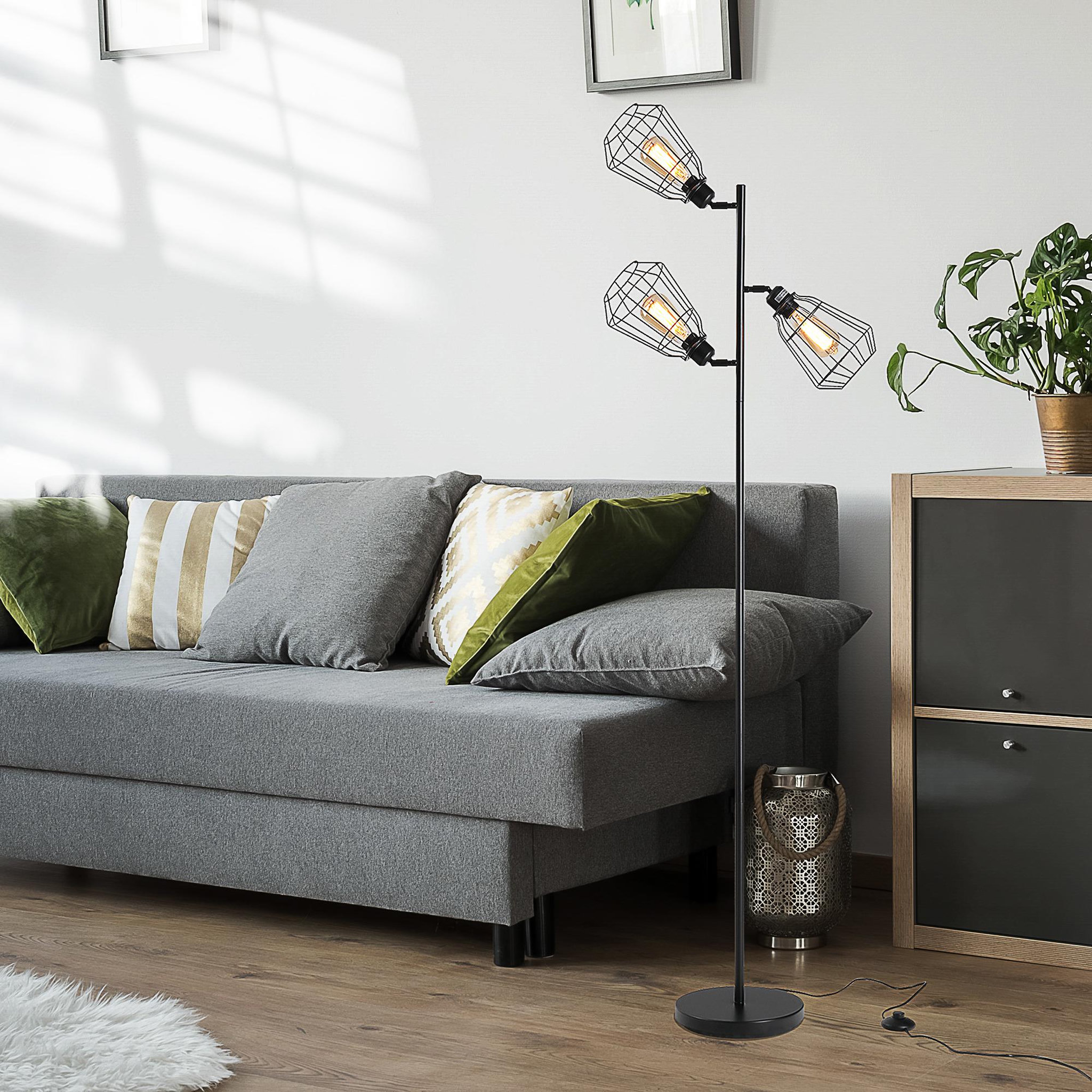 Voir la diapositive 5 : HOMCOM Lampadaire design industriel 3 ampoules max. 40 w abat-jour cage métal noir