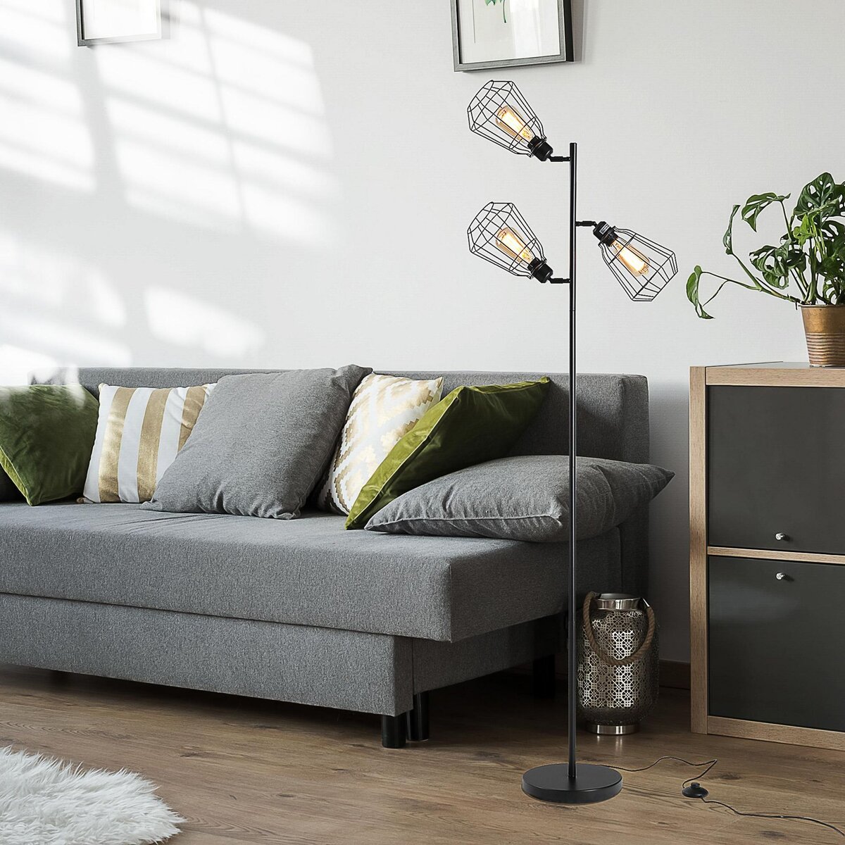 HOMCOM Lampadaire design industriel 3 ampoules max. 40 W abat-jour cage métal noir