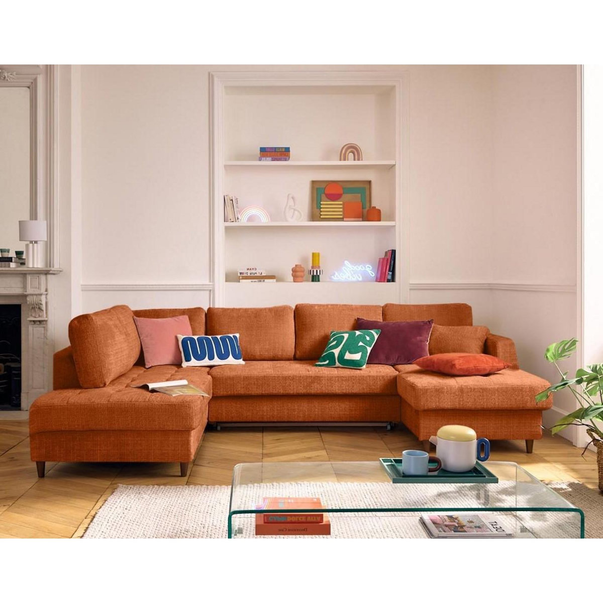 LISA DESIGN Anna - canapé panoramique d'angle gauche 7 places convertible avec coffre en velours texturé