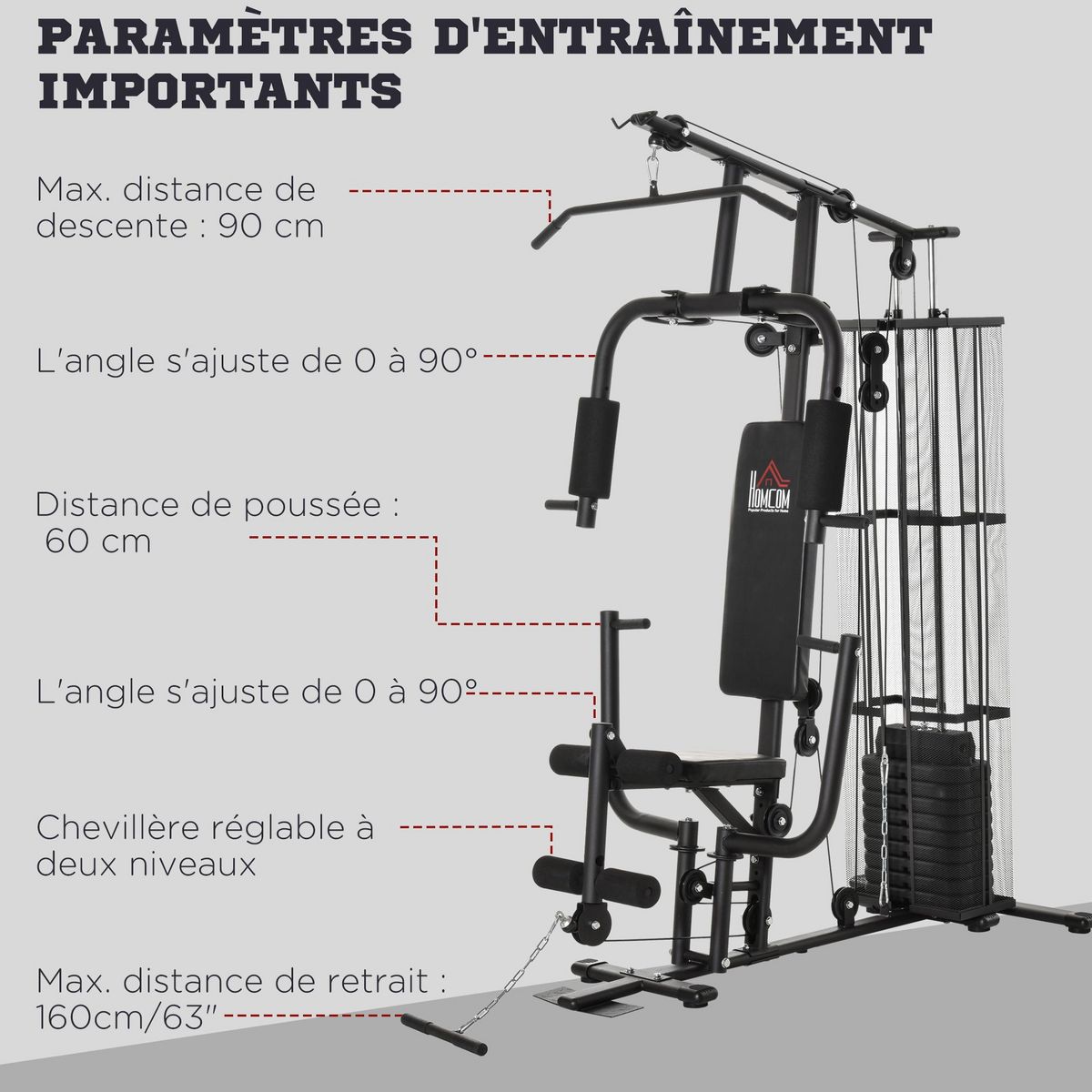 HOMCOM Station de musculation - entrainement complet - développé couché, butterfly, barre latissimus, curler, bande résistance - 10 contrepoids - acier noir