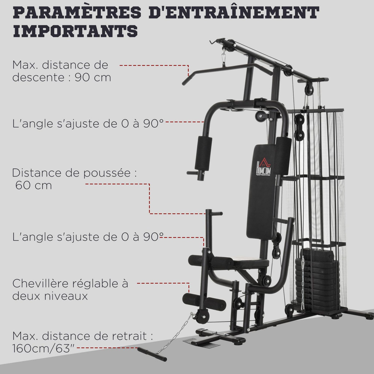 HOMCOM Station de musculation - entrainement complet - développé couché, butterfly, barre latissimus, curler, bande résistance - 10 contrepoids - acier noir