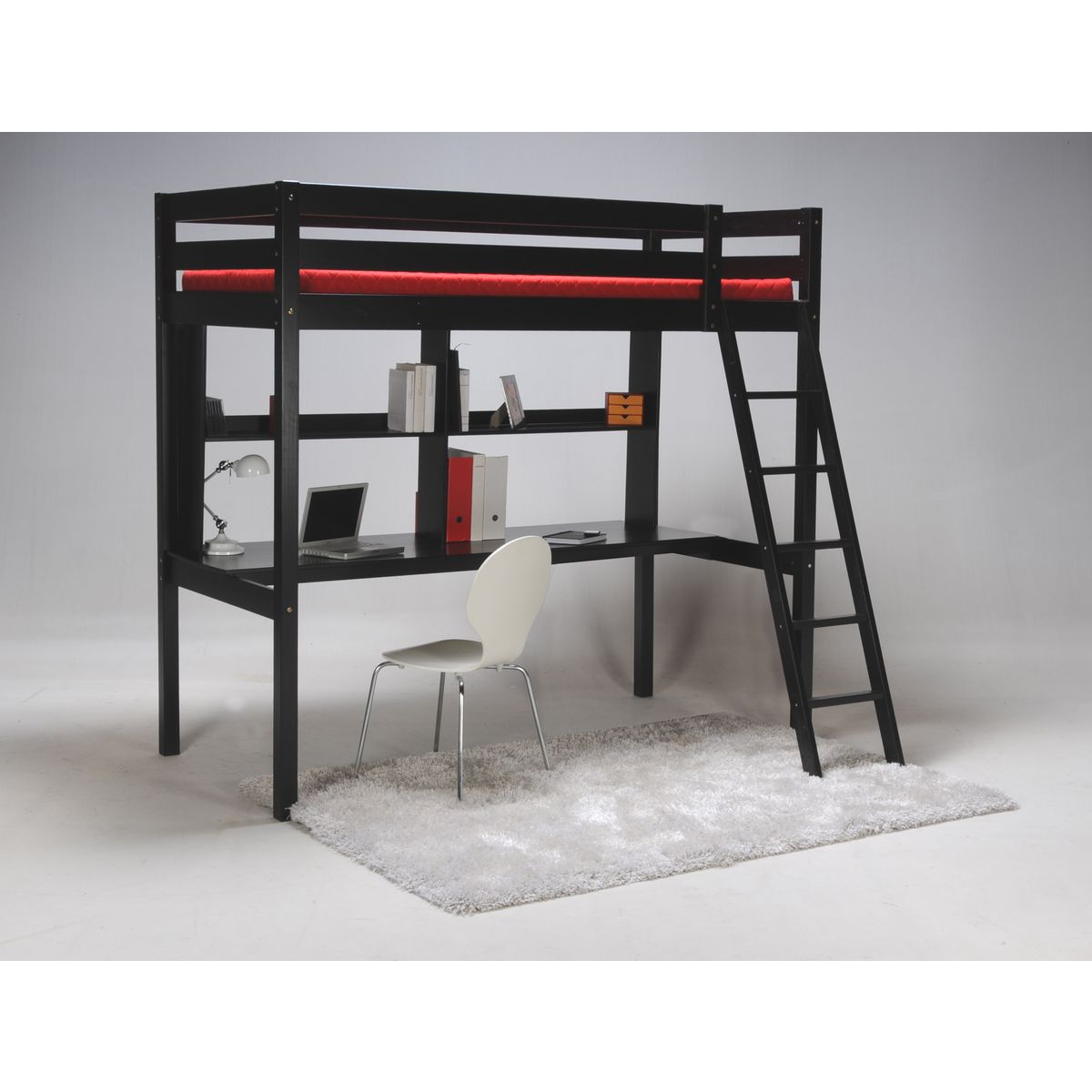 Lit Mezzanine 90 x190 cm en bois massif avec sommier et bureau CITY 