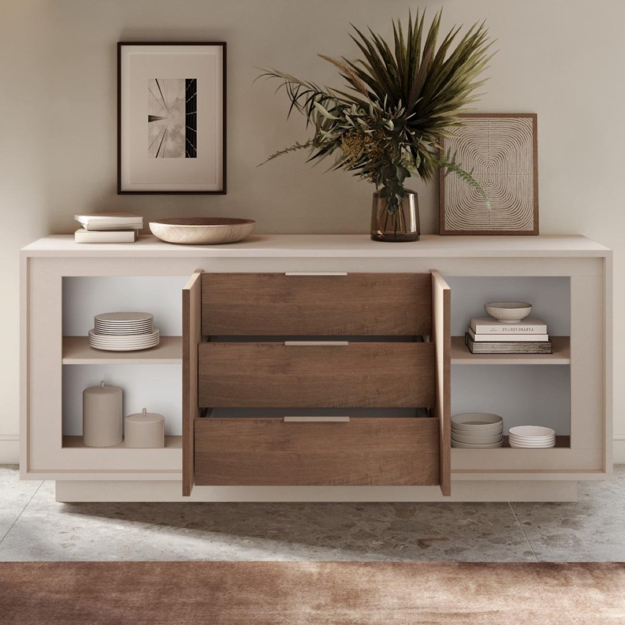 Voir la diapositive 4 : JLC KREATION Buffet bas beige et noyer 2 portes-3 tiroirs 180cm yori