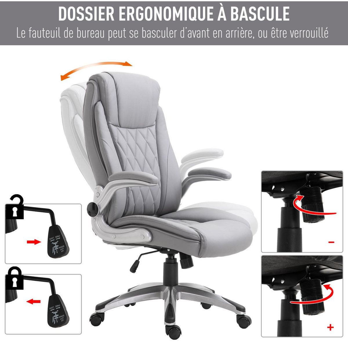 HOMCOM HOMCOM Fauteuil de bureau ergonomique hauteur réglable roulettes pivotant P.U 70 x 76 x 121 cm gris