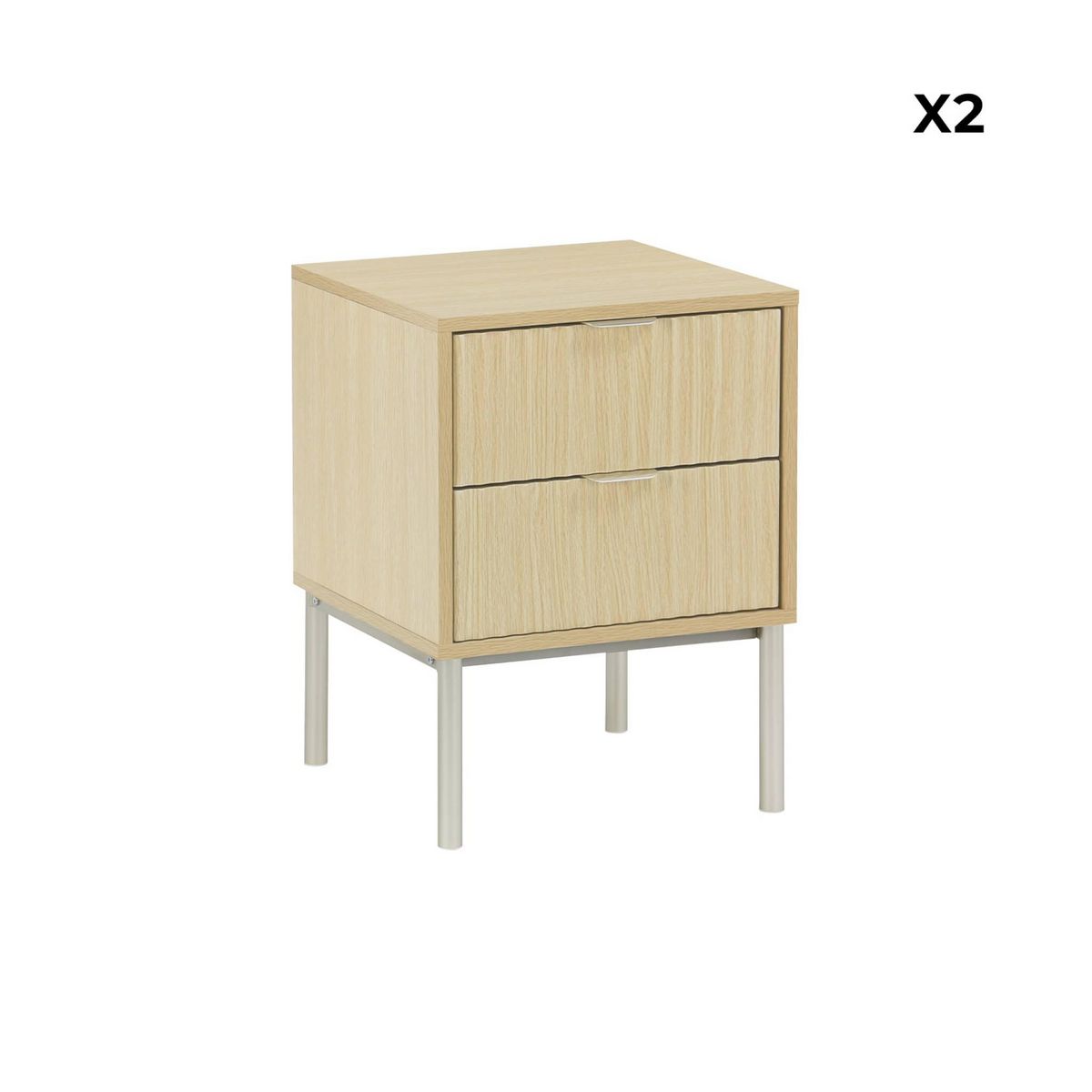 SWEEEK Lot de 2 tables de chevet effet bois rainuré et métal. pieds métal champagne. 2 tiroirs