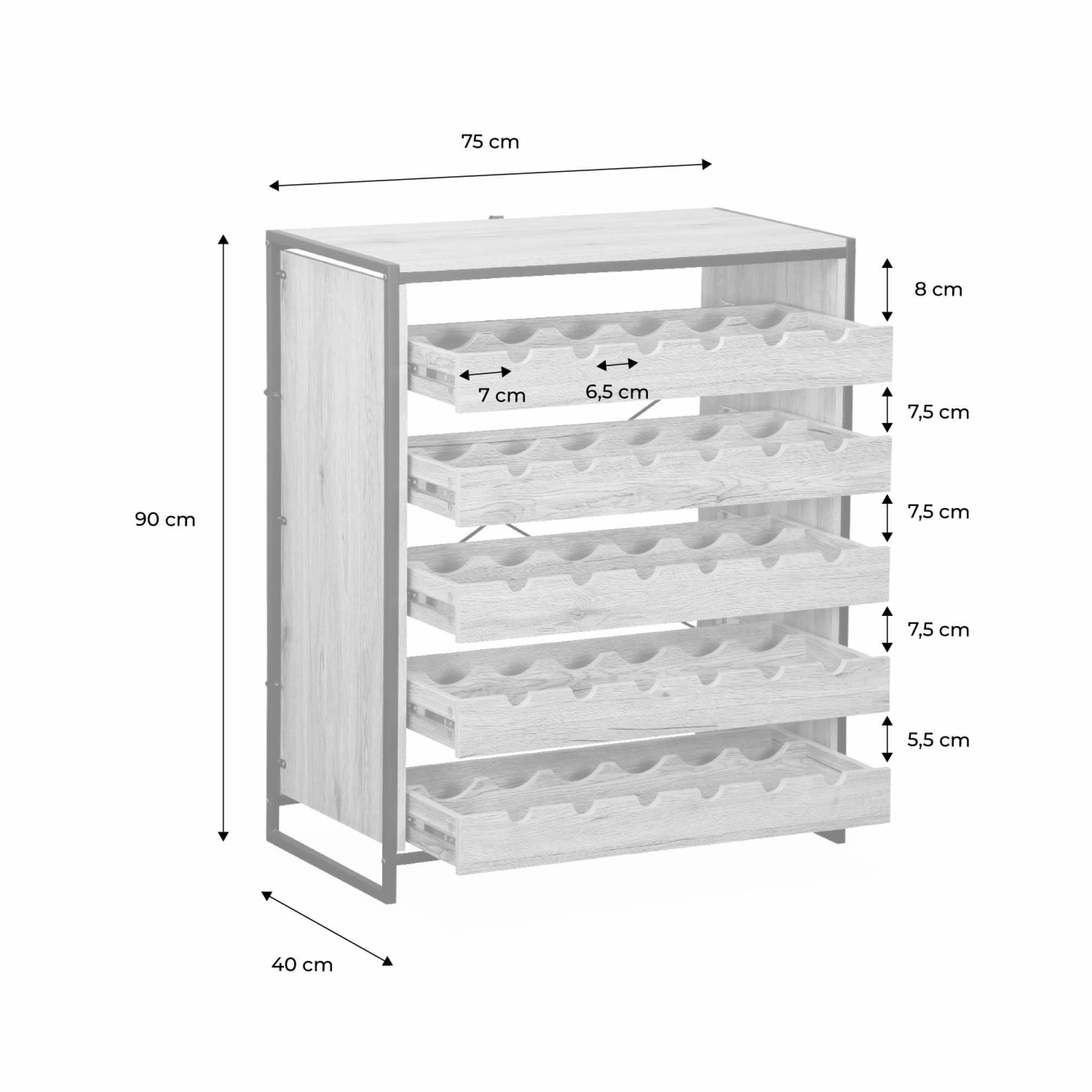 Voir la diapositive 4 : SWEEEK Etagères range bouteilles. Loft. 5 tiroirs. 5 étagères L 75 CM x l 40 CM x H 90 CM