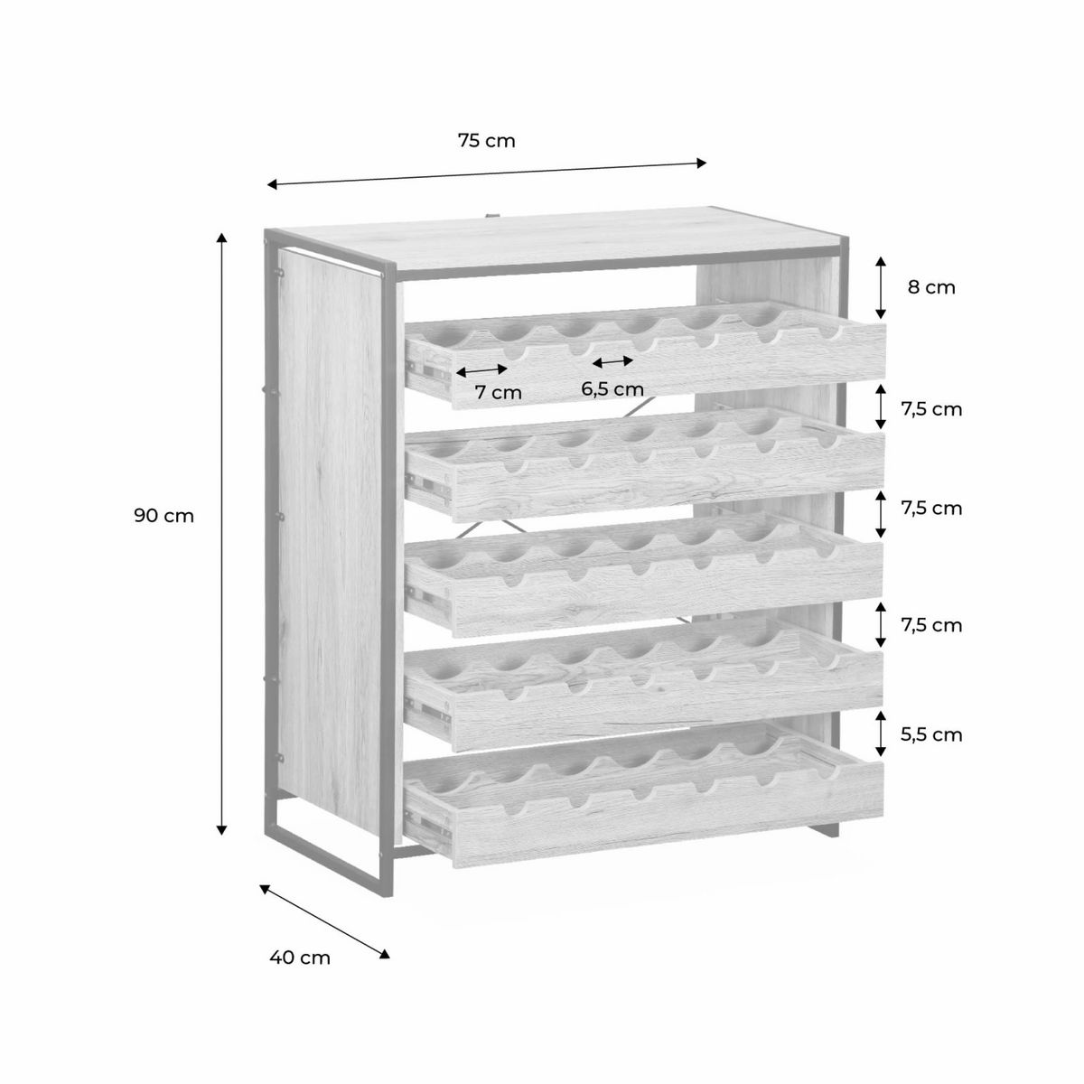 SWEEEK Etagères range bouteilles. Loft. 5 tiroirs. 5 étagères L 75 CM x l 40 CM x H 90 CM