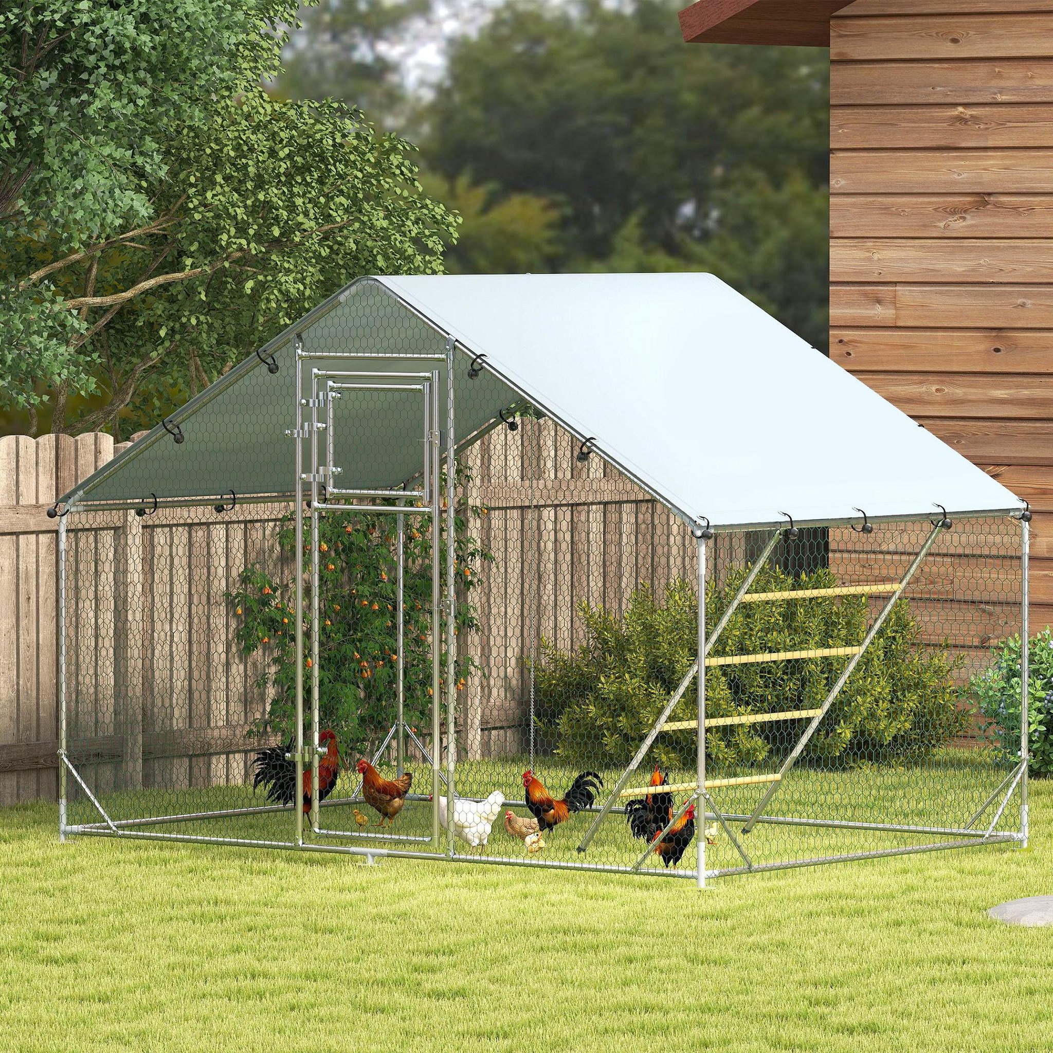 Voir la diapositive 2 : PAWHUT Enclos poulailler 6 m² entièrement couvert - perchoir, mangeoire à suspendre, porte, bâche - 3 x 2 x 1,95 m - acier gris