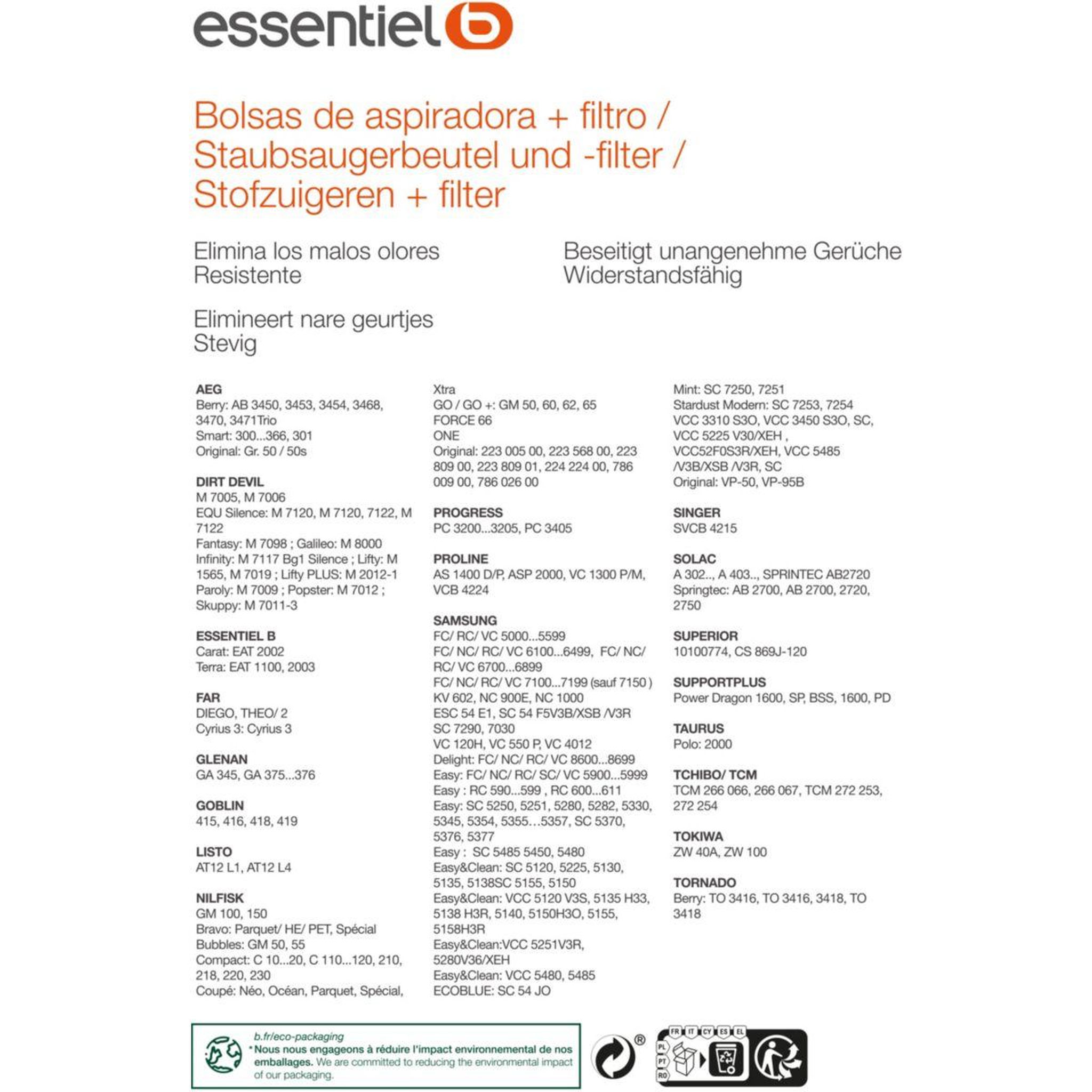 Voir la diapositive 2 : ESSENTIEL B Sac aspirateur eb1840