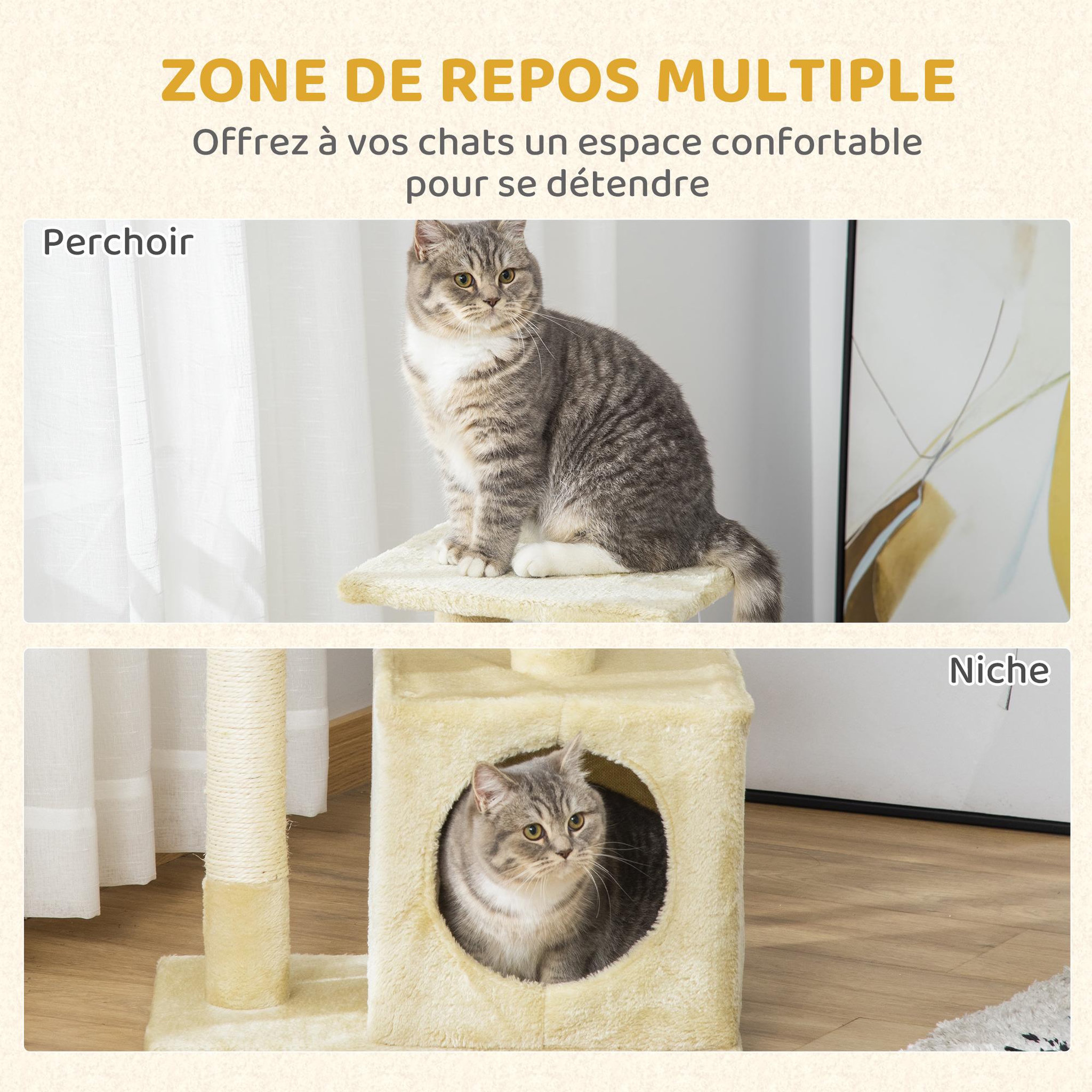 Voir la diapositive 5 : PAWHUT Arbre à chat h.81cm niche 3 griffoirs 2 plateformes jeu boule suspendue beige